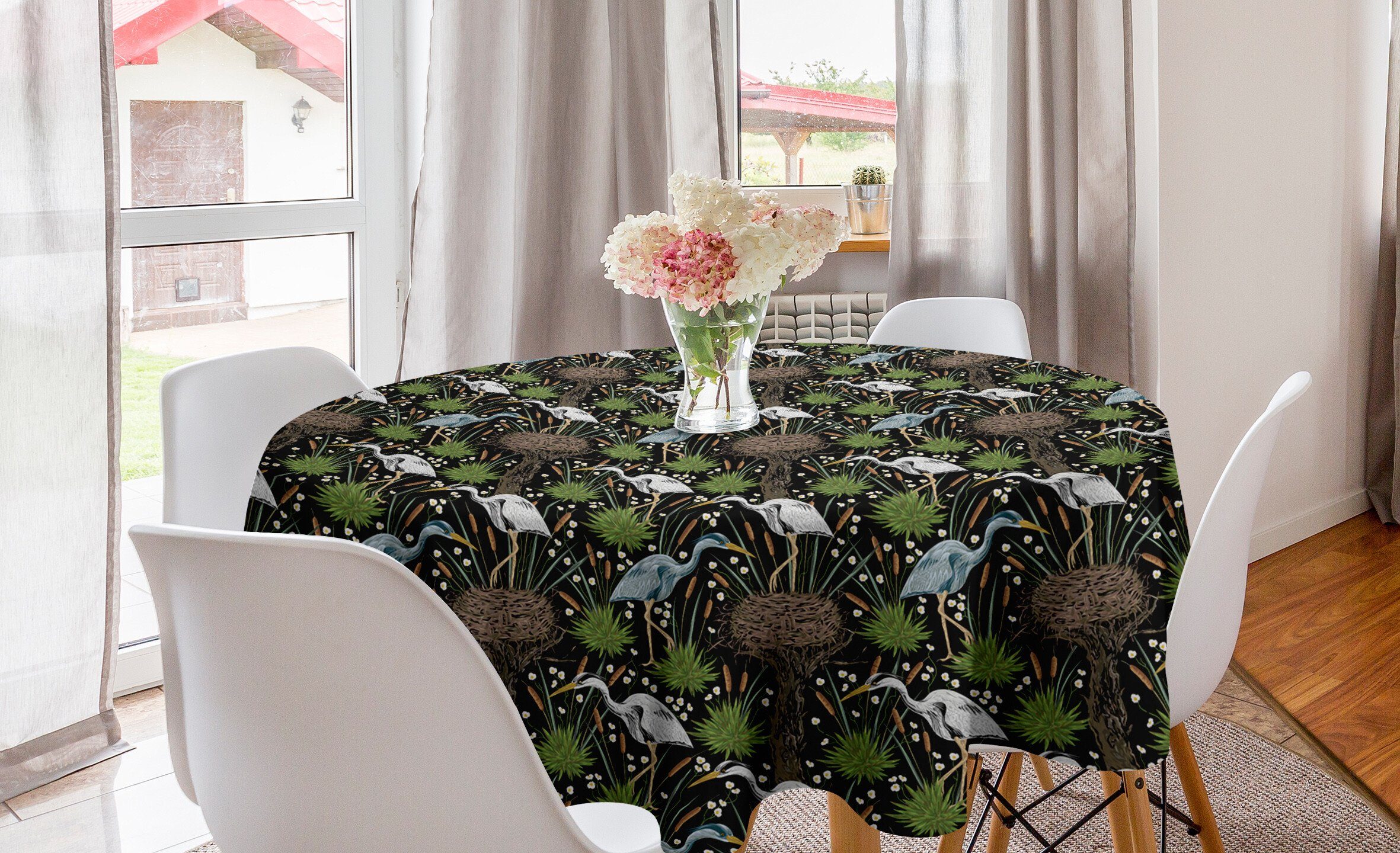 Abakuhaus Tischdecke Kreis Tischdecke Abdeckung für Esszimmer Küche Dekoration, Tierwelt Reiher-Vogel-Sumpfpflanzen
