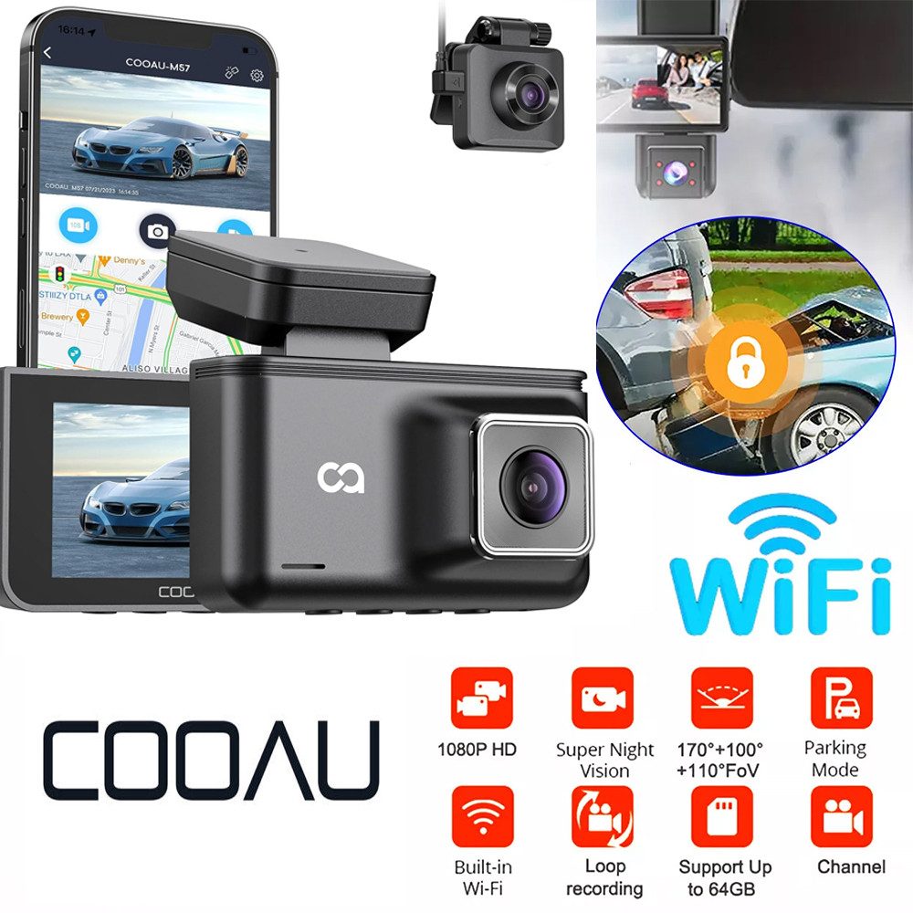 COOAU Dashcam Auto Vorne und Hinten Autokamera 170° Weitwinkel Nachtsicht Dashcam (HD, WLAN (Wi-Fi), 170 ° Weitwinkel,Nachtsicht,24 Std. Parkmodus und Bewegungserkennung, Loop-Aufnahme,G-Sensor,App Steuerung & GPS,Time-Lapse Recording)