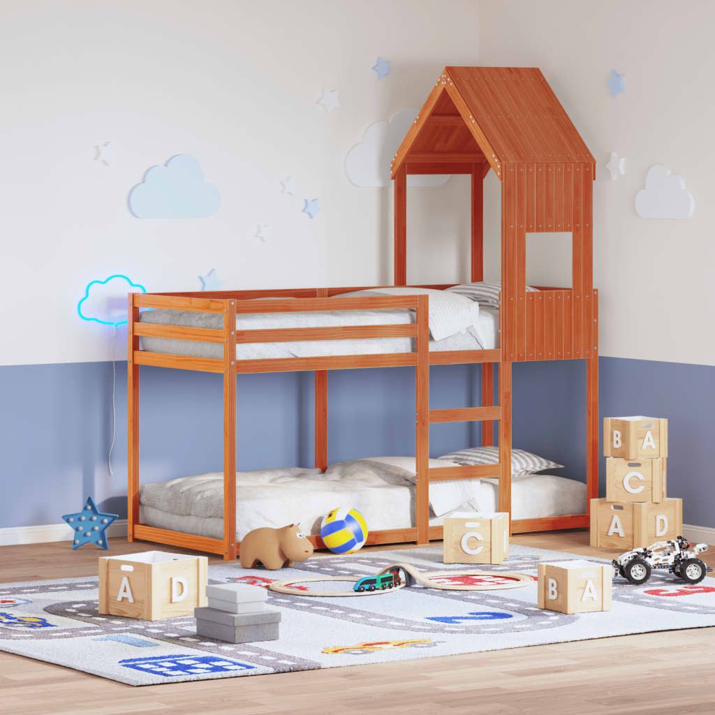 vidaXL Bett, Etagenbett mit Dach Wachsbraun 75x190 cm Massivholz Kiefer günstig online kaufen