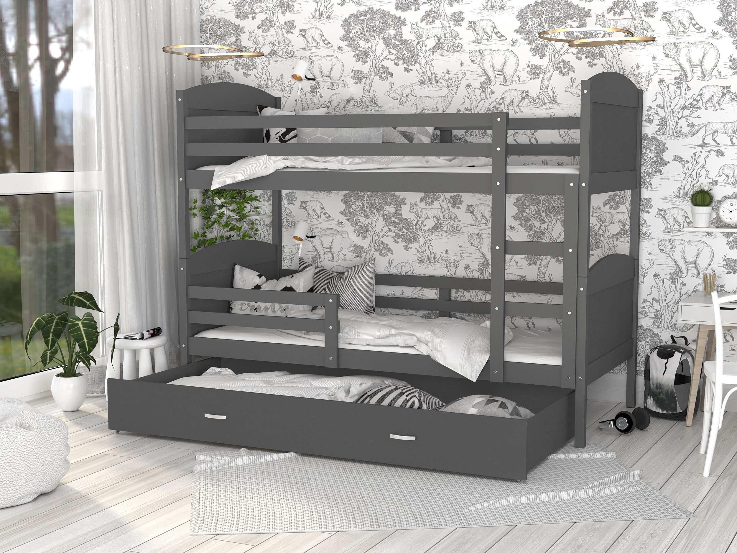 Siblo Kinderbett Mati (Flexibler Lattenrost, Schublade, Sicherheitsbarriere), Massivholz, Möbelplatte Grau