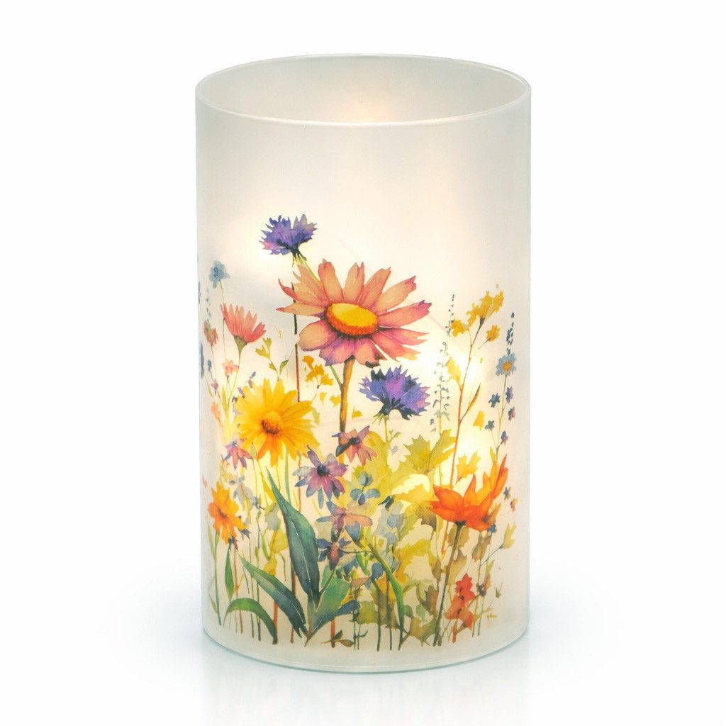 formano LED Dekolicht LED Deko Licht Wildblumen Zylinder Glas 16cm Blume Motiv Timer 6h/18h, LED fest integriert