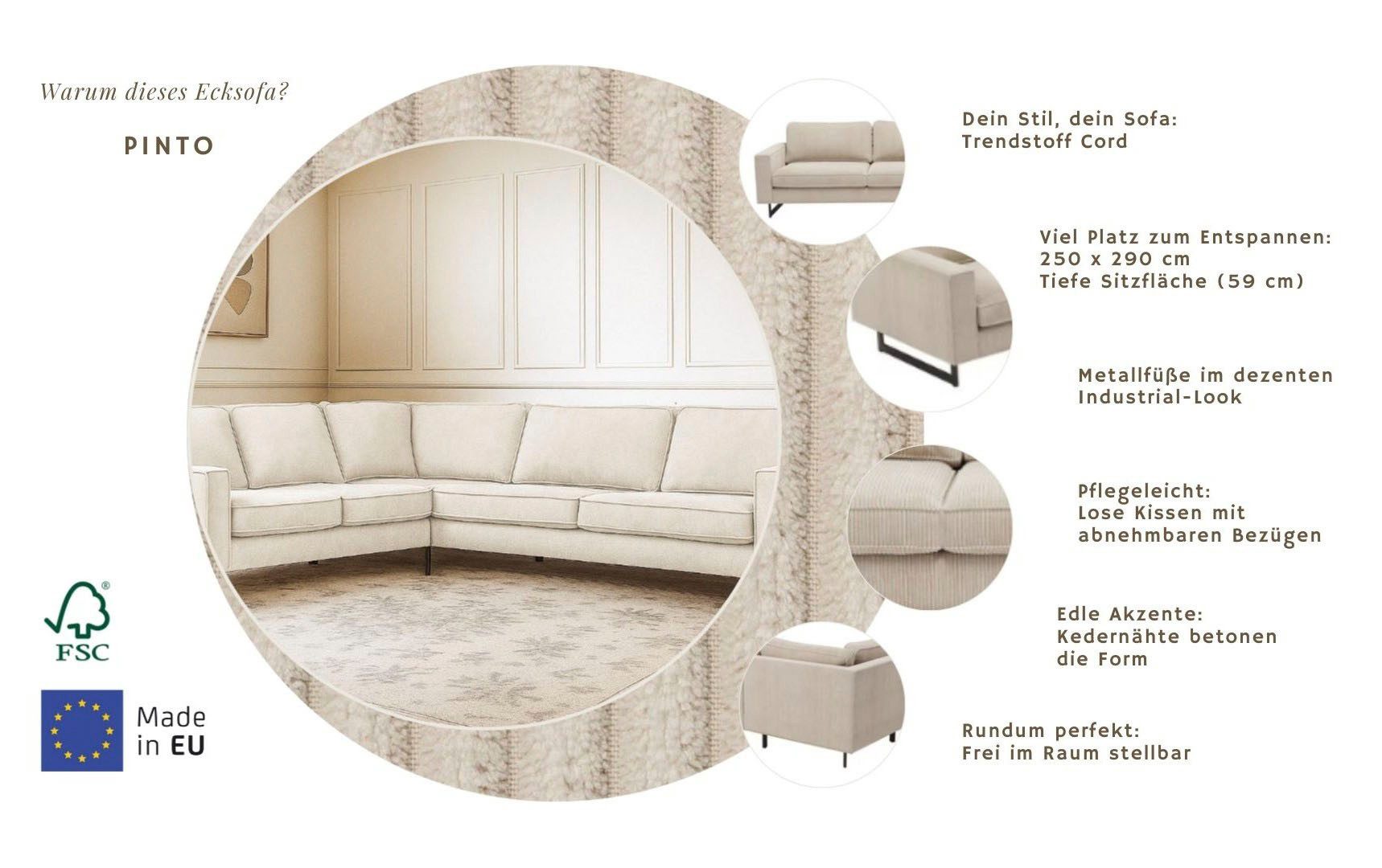 Home affaire Ecksofa Pinto, XXL, 250/290 cm, langer Schenkel, Ottomane, Cord, Chenille, Lederoptik, mit Keder, Metallfüße, Wellenunterfederung