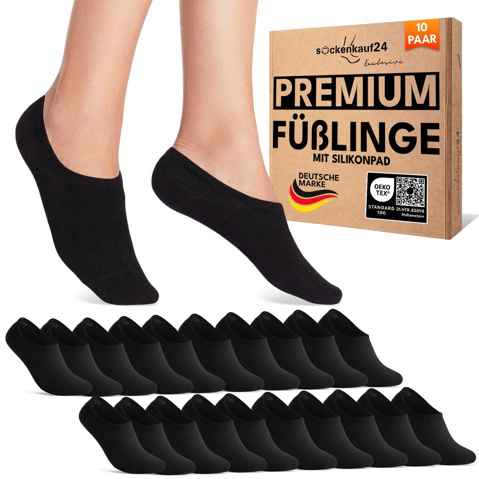 sockenkauf24 Füßlinge 10 Paar Premium Füßlinge Sneaker Socken Damen Herren Baumwolle (10-Paar) invisible Socks ohne Naht mit Silikonpad gegen Verrutschen - 70106T