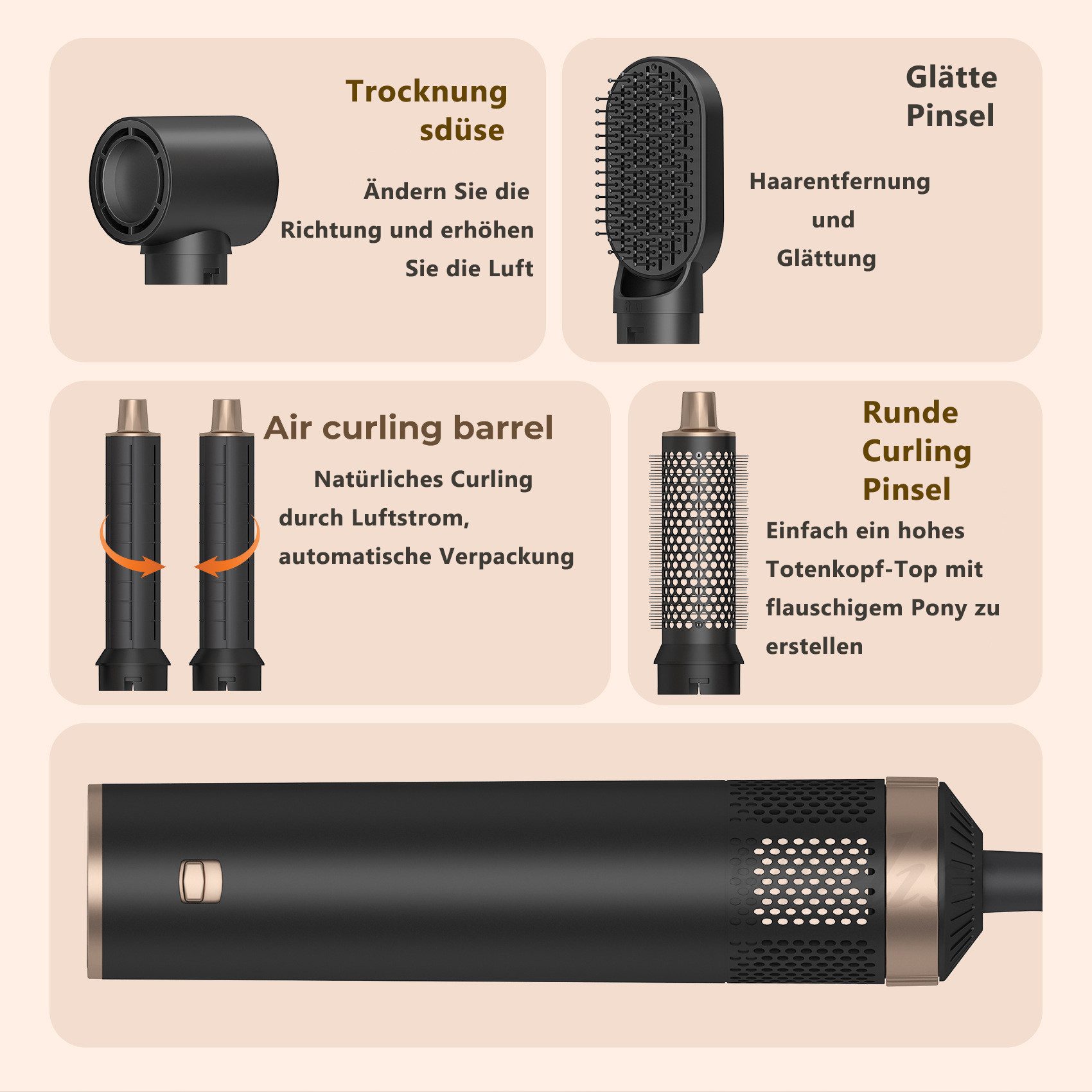 HOMELIVE Lockendreher 5 in 1 Blowout Pinsel, abnehmbares Haarfön Heißluft-Styler, 3 Temperaturen 1000W Negative Ionische Föhn Trockner