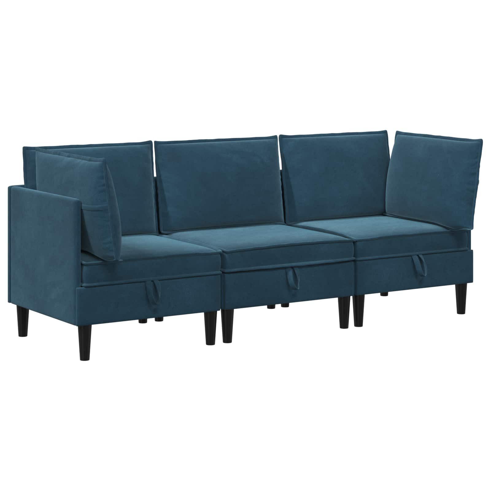vidaXL Wohnzimmer-Set Wohnzimmergarnitur mit Kissen mit Speicher 3 pcs Blau Samt, (3-St)