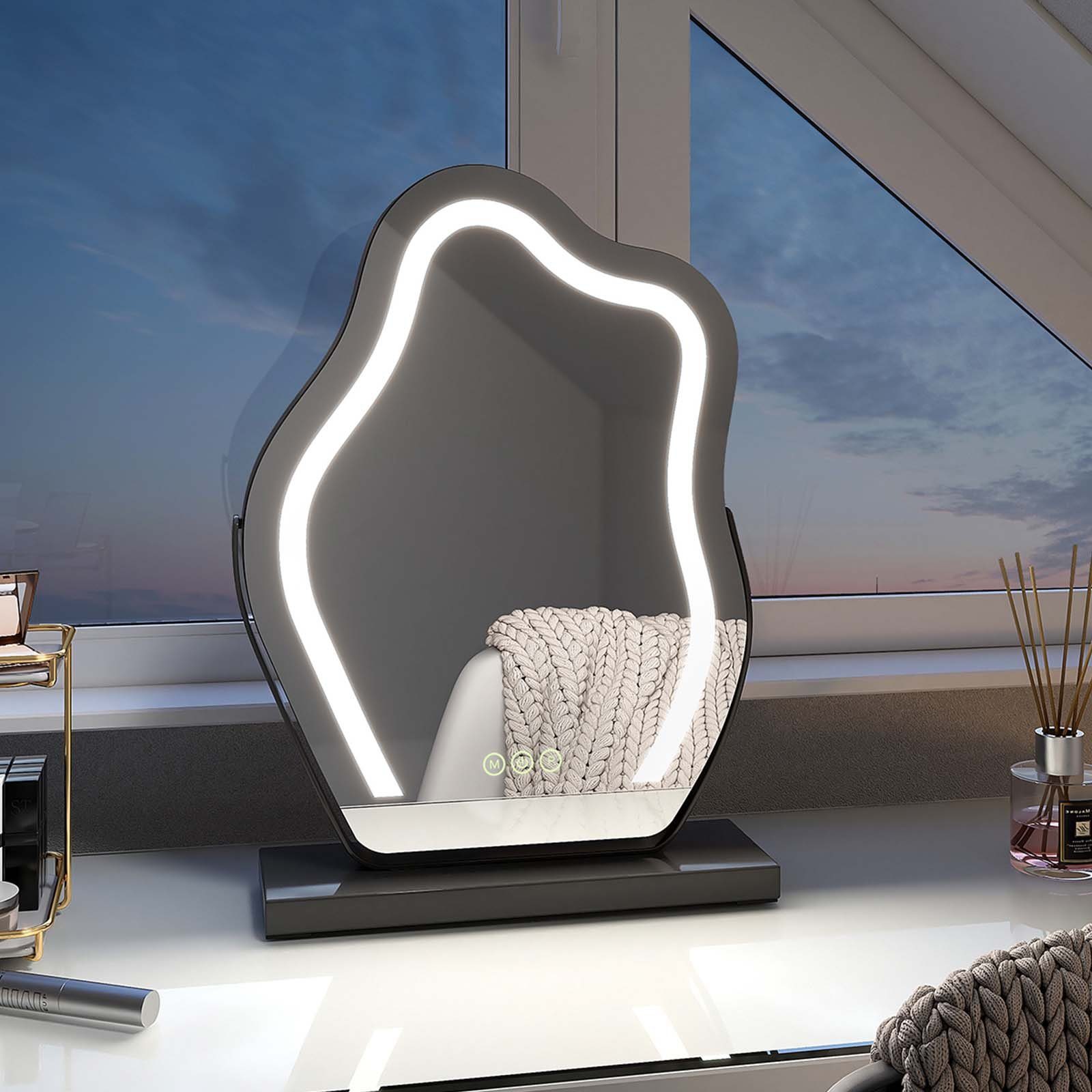 EMKE Schminkspiegel mit Beleuchtung Unregelmäßige Kurve Kosmetikspiegel 360° Drehbar, Touchschalter, 3 Lichtfarben Dimmbar und Memory-Funktion
