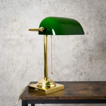 Licht-Erlebnisse Schreibtischlampe LAMPADE MINISTERO, ohne Leuchtmittel, Tischlampe Tischlampe in Messing poliert Grün E27 34 cm Glas