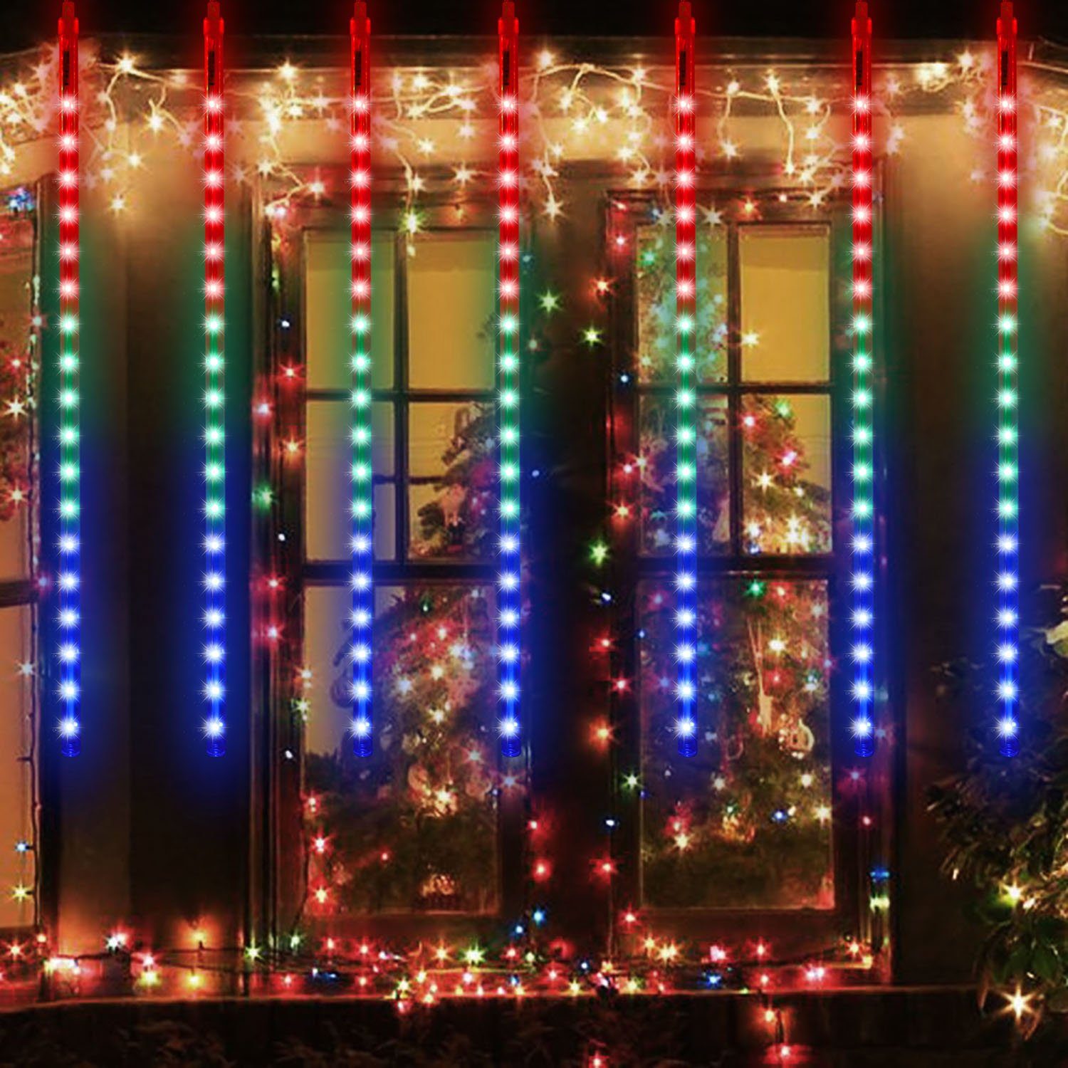 Sunicol LED-Lichterkette Lichterregen, Meteorschauer, Schneefall, Eisregen, Eiszapfen, Party, Weihnachten Lichterkette, Wasserdichte, für Außen Innen Hochzeit Mehrfarbig