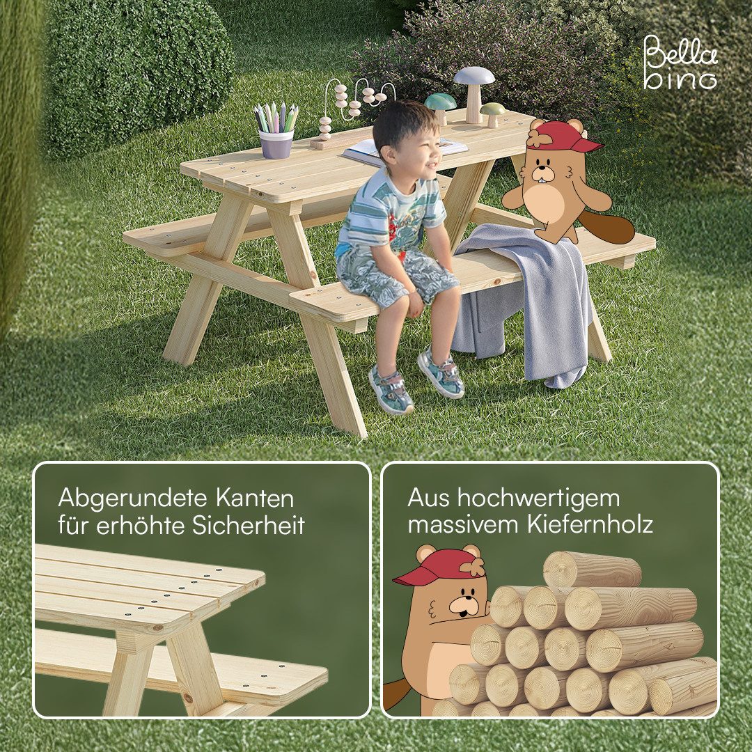 Bellabino Kindersitzgruppe Inny Outdoor-Bank aus Holz, (Tisch und Bänke, Sitzgruppe), für 4 Personen, unbehandelt, Kindermöbelset aus Kiefer Massivholz