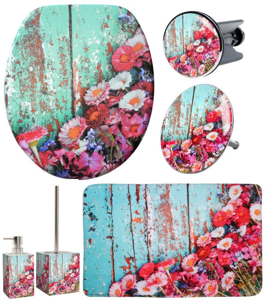 Sanilo Badaccessoire-Set Spring, Komplett-Set, 6 tlg., bestehend aus WC-Sitz, Badteppich, Stöpsel, Seifenspender, WC-Bürste