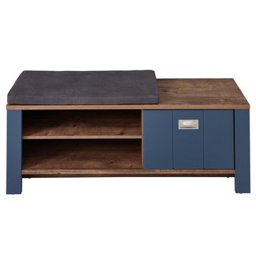 Lomadox Sitzbank DEVON-36, Schuhbank matt blau mit Eiche Landhausstil 130 cm breit mit Sitzkissen