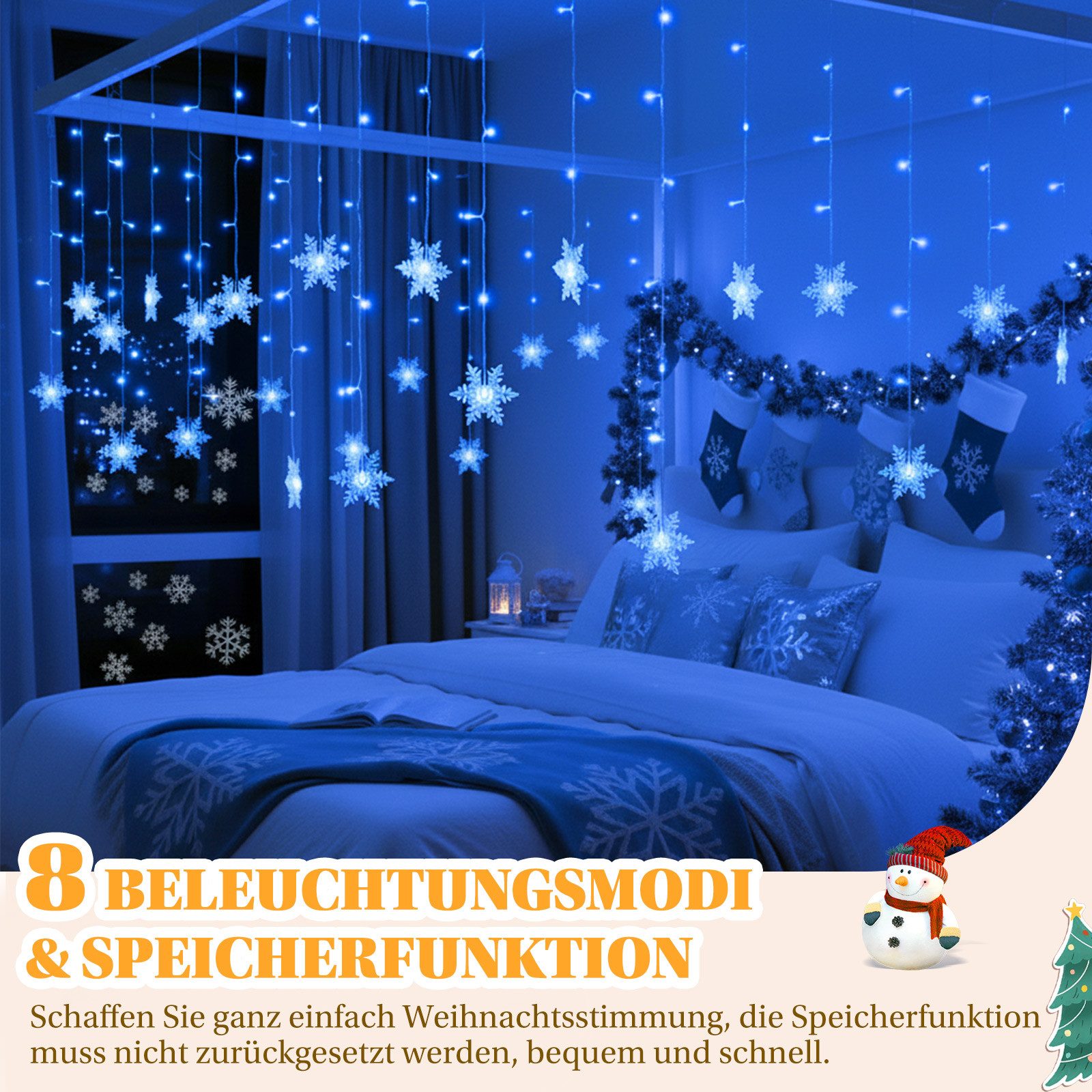 SERBASIC Lichtervorhang LED Schneeflocke Lichterkette, mit 8 Modi und Speicherfunktion, Timer, für Außen Weihnachten, Hochzeit, Balkon, Große Schneeflocke