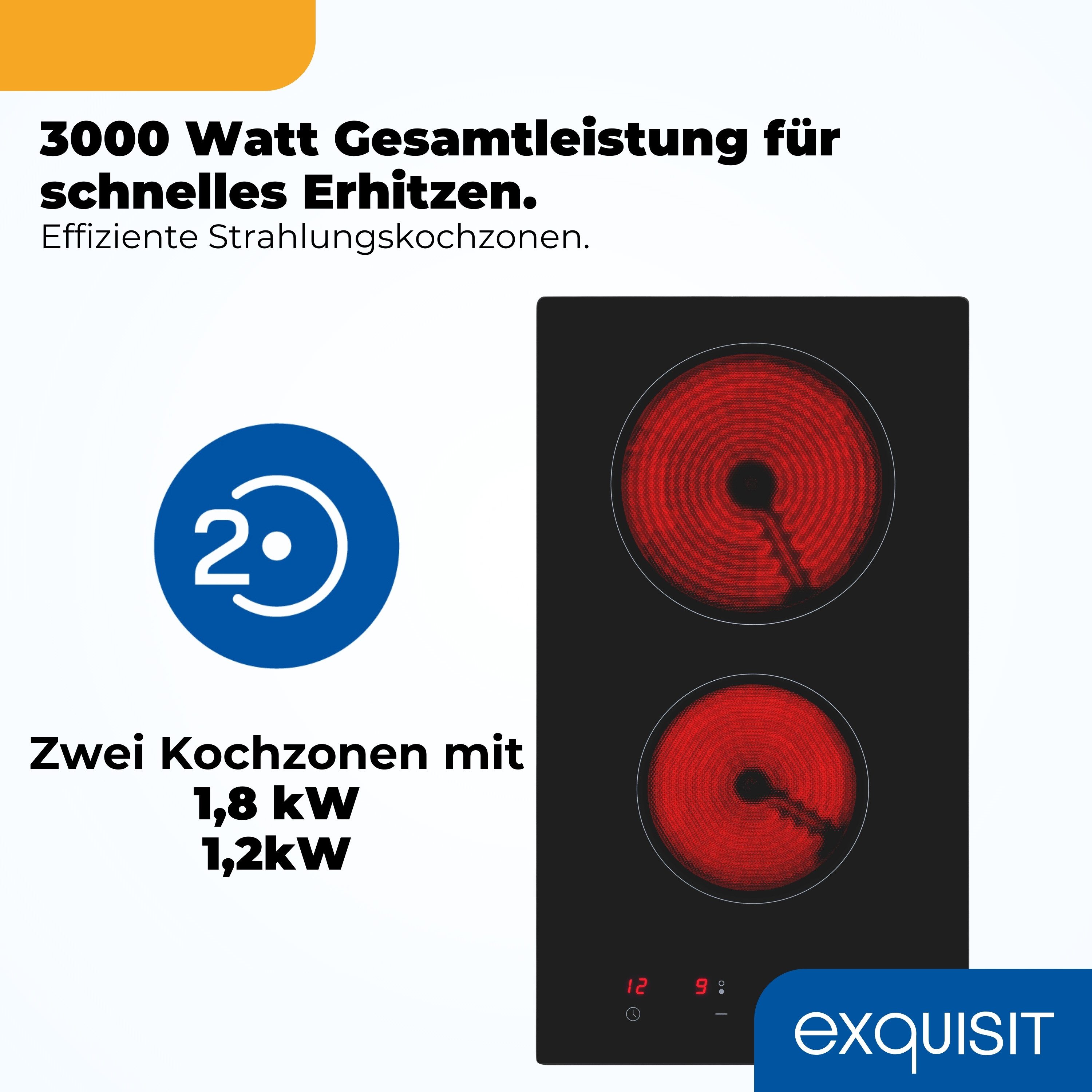 exquisit Elektro-Kochfeld, 3000 W Leistung, Glaskeramik Kochfeld, 120 cm Stromkabel