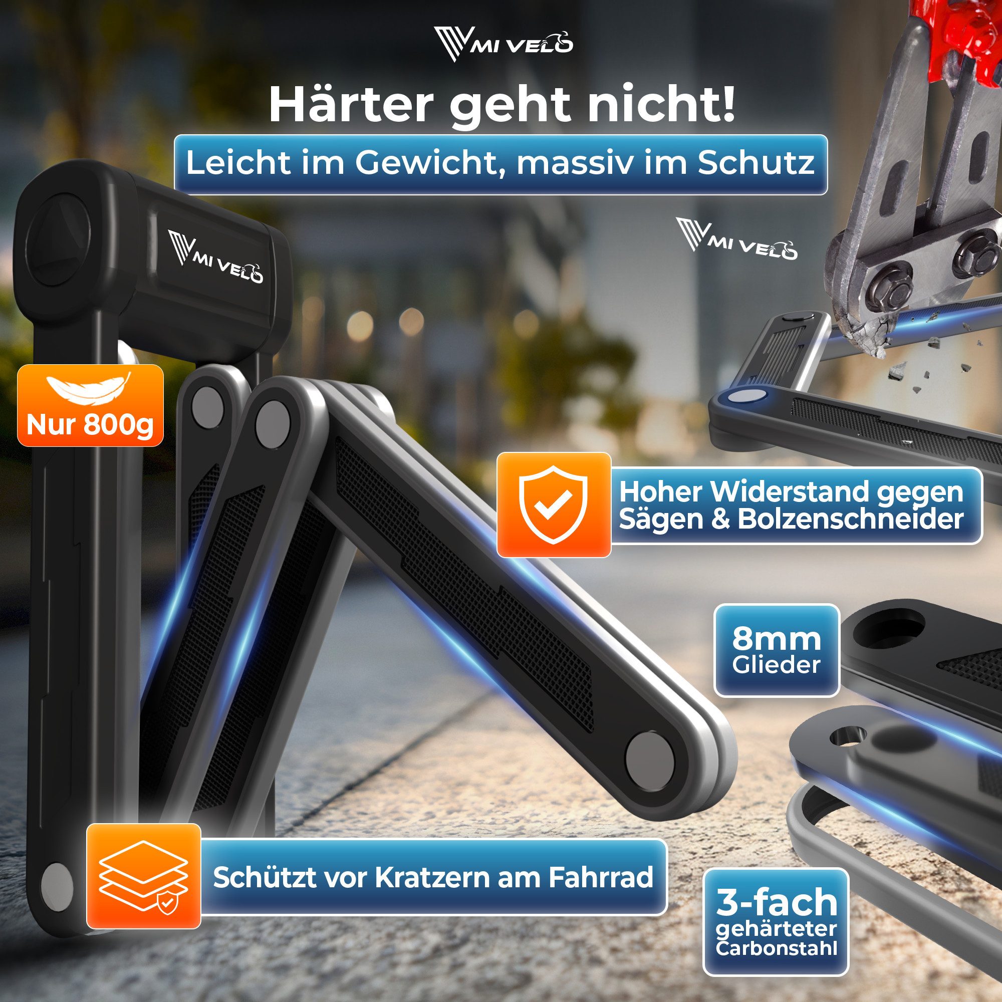 MIVELO Faltschloss hohe Sicherheit, Fahrradschloss mit Schlüssel inkl. Halterung, 8 mm Carbonstahl Glieder