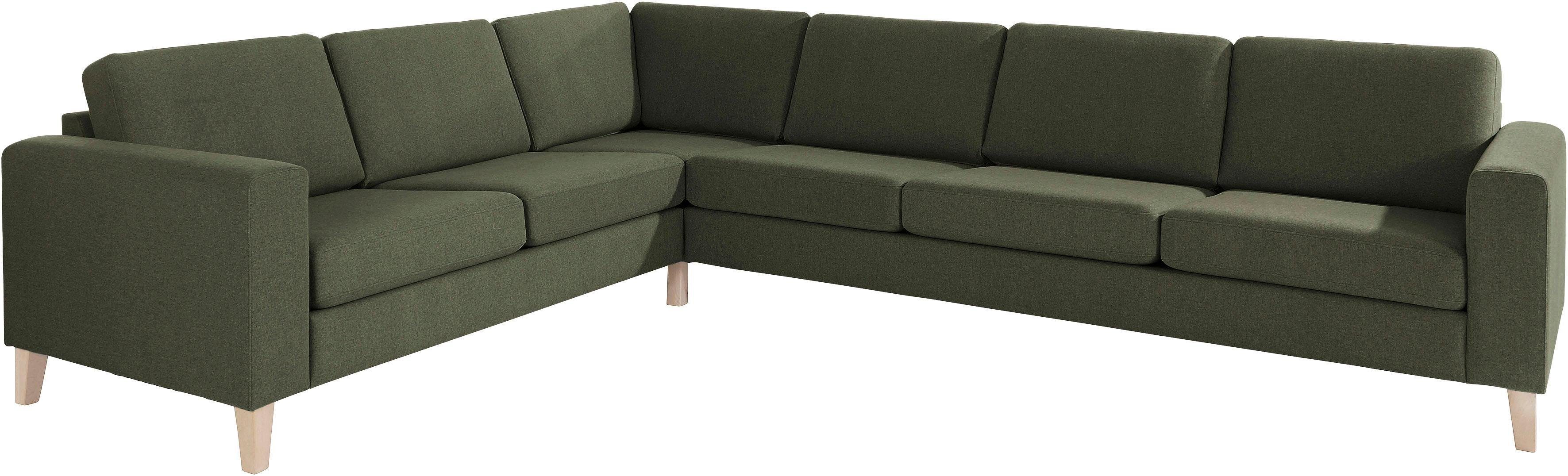 ATLANTIC home collection langer montierbar Terra, dunkelgrün Wellenunterfederung, rechts Schenkel Ecksofa mit oder links