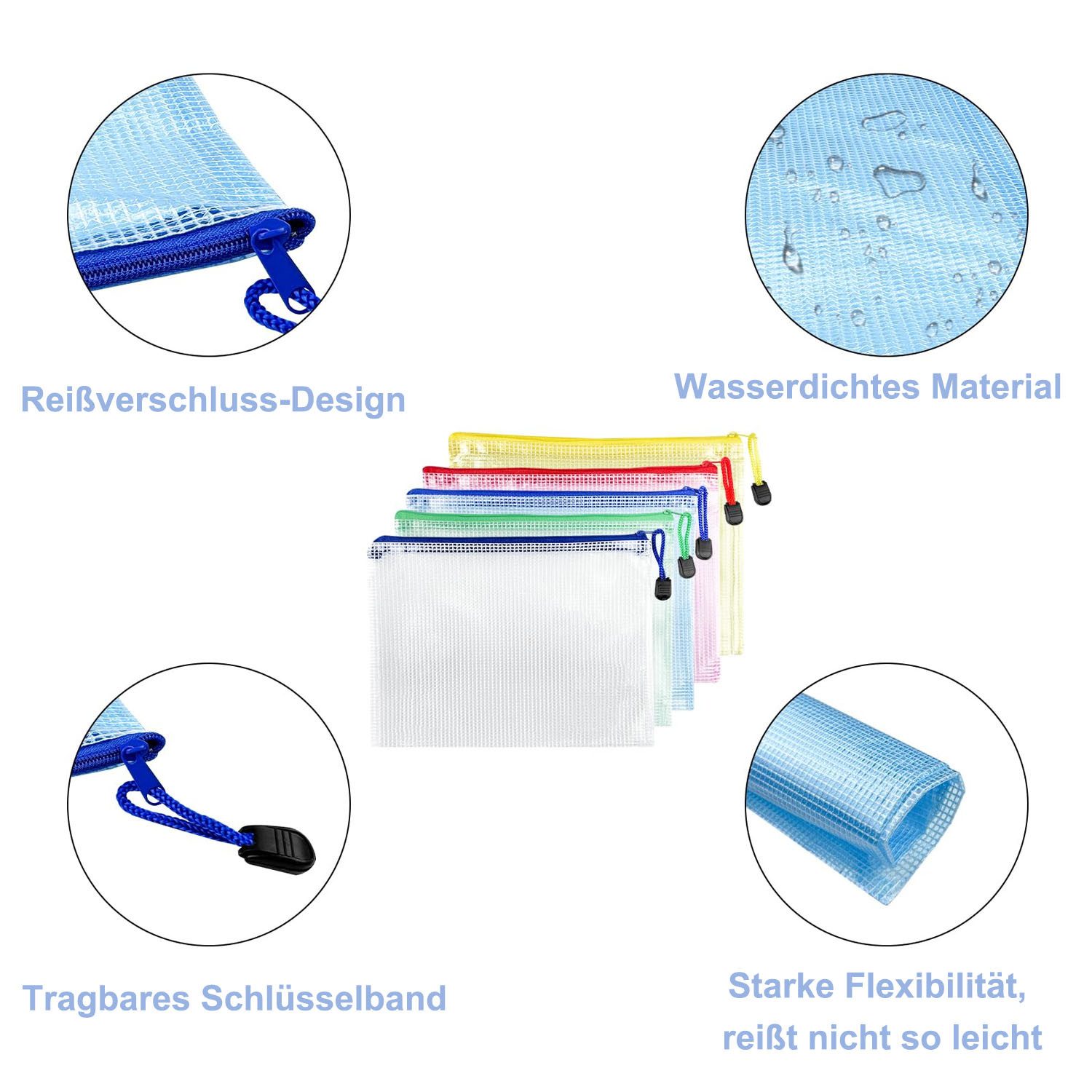 SURFOU Dokumententasche Dokumentenablage A4+A5+A6 Dokumentenmappe Zip Tasche 15 Stück (15 Stück wasserdichte Dokumententaschen Durchsichtige Mesh-Dokumentenmappen aus PVC, 15-tlg., A4+A5+A6 Dokumententasche mit Reißverschluss, 5 Farben, 3 Größen), Feuchtigkeitsschutz für Quittungen, Pässe & Bürounterlagen