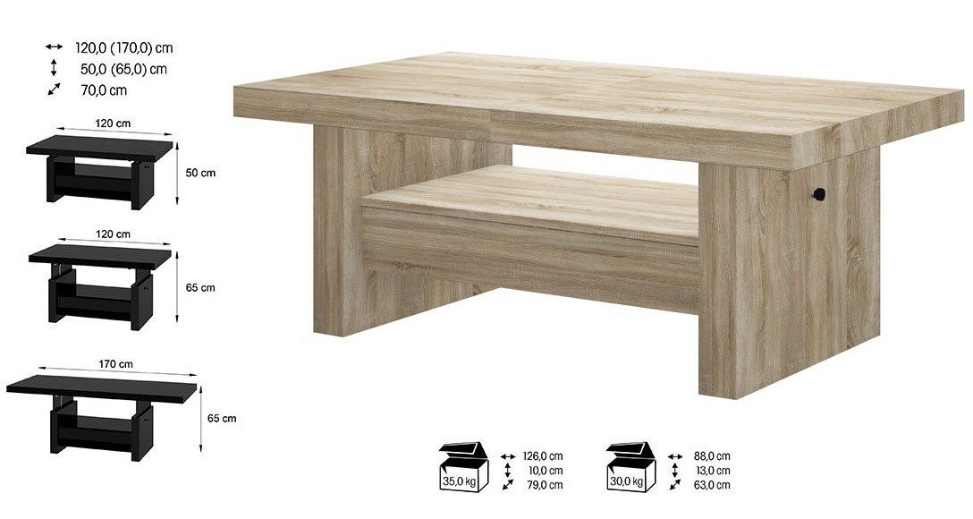 designimpex Couchtisch Aversa H-111 Sonoma Eiche Schublade höhenverstellbar ausziehbar, Funktionstisch, Wohnzimmertisch, Tisch, Esstisch, Sofatisch, Schublade