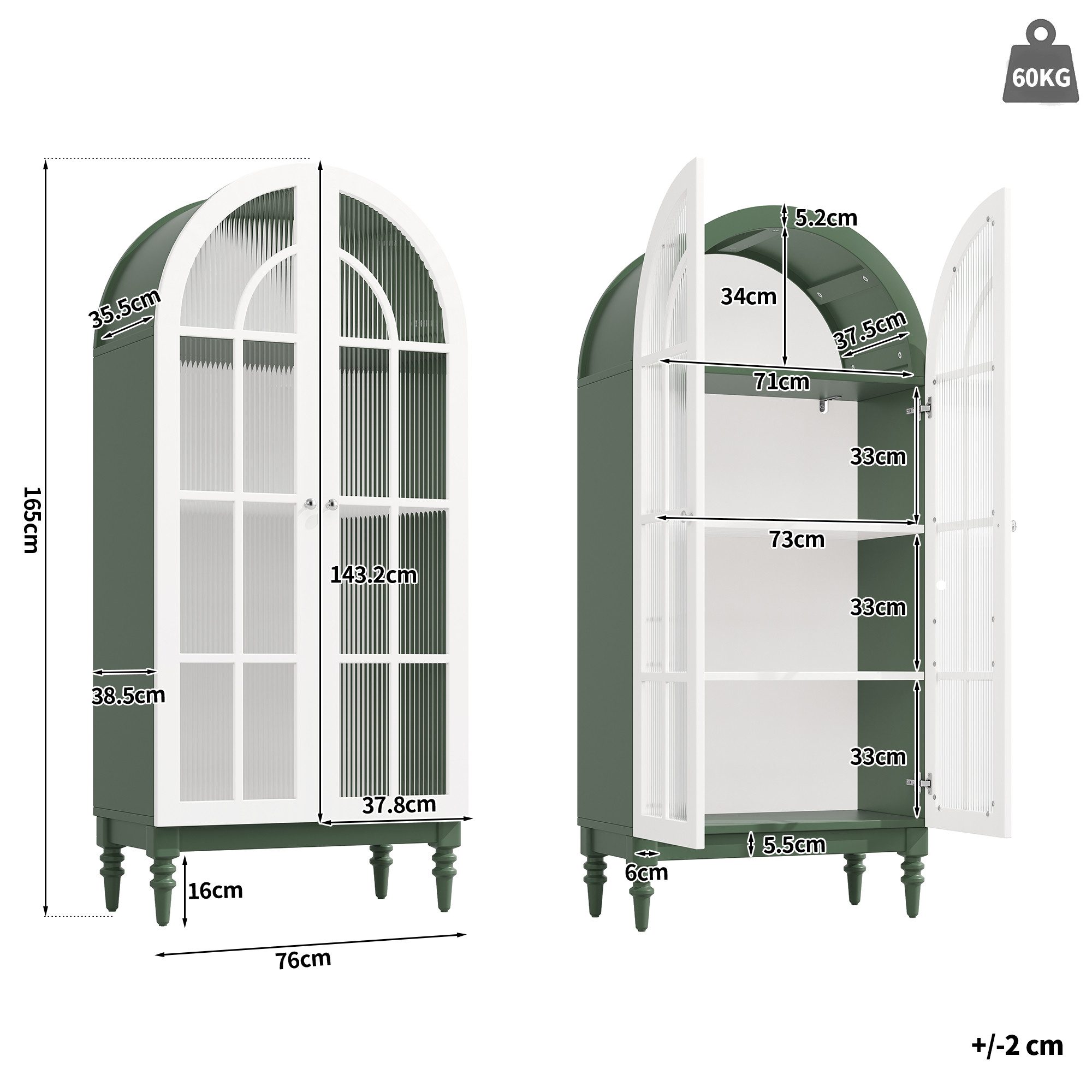 KLAM HOME Vitrine Bogen‑Vitrinenschrank 165cm mit Riffelglas‑Doppeltüren (Dekorativer Hochschrank mit 3 Einlegeebenen für Wohn‑ und Esszimmer) Vintage Ausstellungsschrank in Dunkelgrün und Weiß