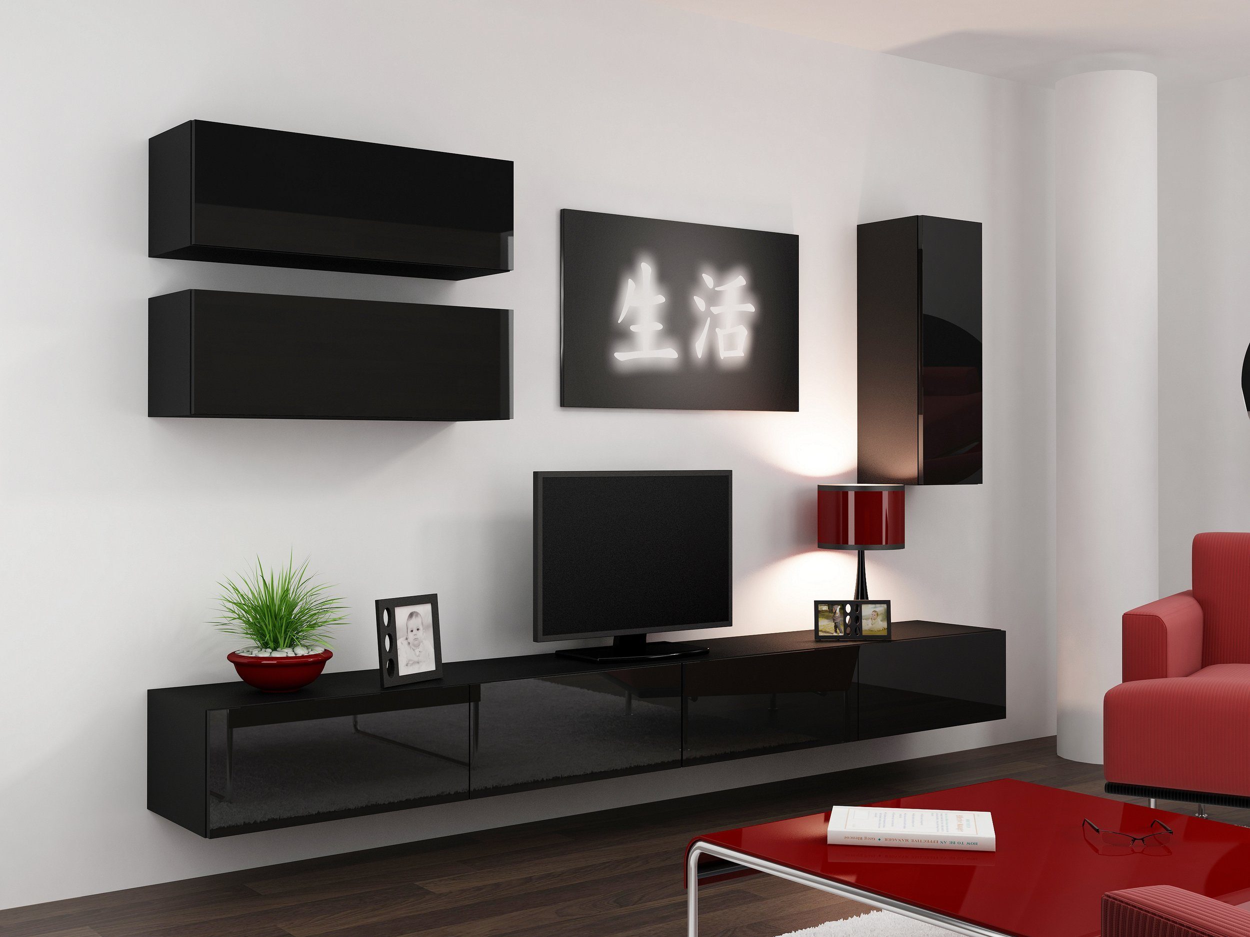 Stylefy Wohnwand Vago XIII, (Set (5-St), Wohnmöbel, Wohnzimmer-Set), bestehend aus 2xLowboard und 3xHängeschrank, Hochglanzfronten, mit Push-to-Open, Modern Design Schwarz/Schwarz Hochglanz