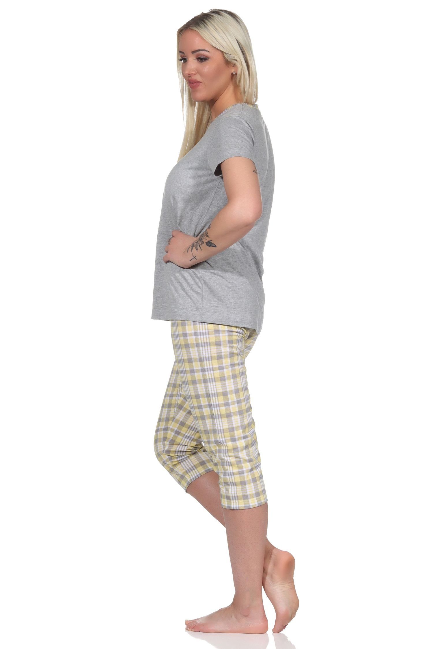 Pyjama Damen Karo Normann mit Capri Caprihose und Schlafanzug gelb Pyjama Front-Print