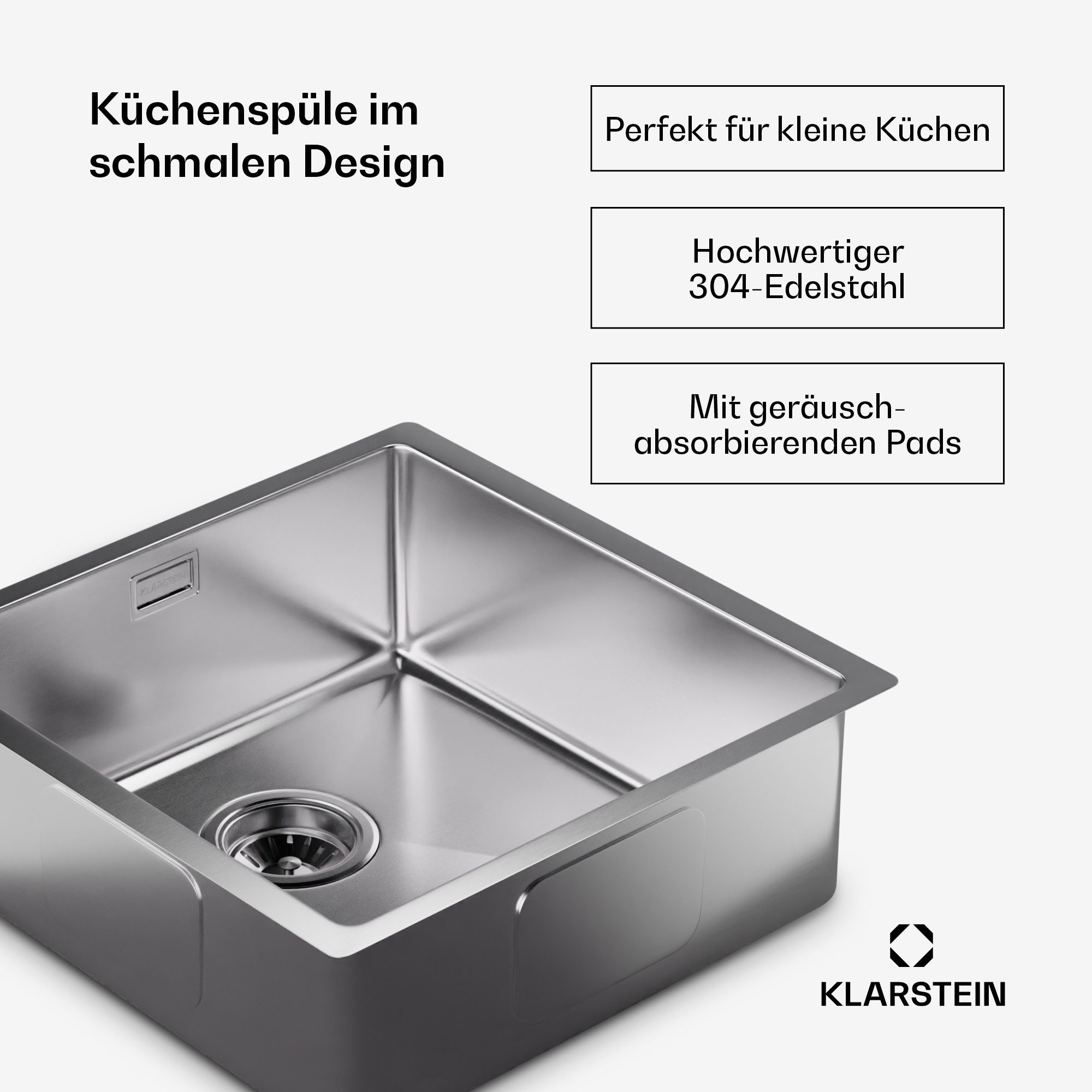 Klarstein Küchenspüle TitanSteel, quadratisch, 45/45 cm, Edelstahl Küchenspüle Einbauspüle Spülbecken, Edelstahl Küchenspüle Einbauspüle Spülbecken