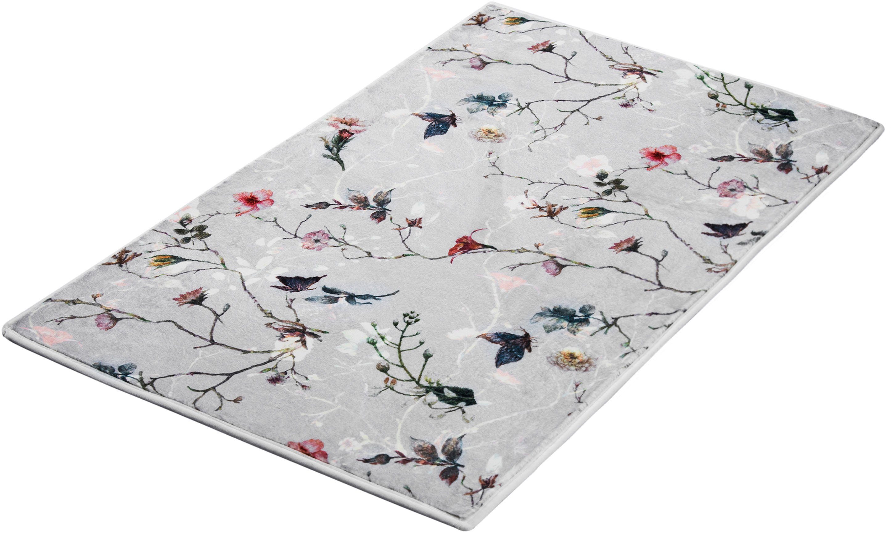 Kleine Wolke Badematte Flores, Badvorleger, Badezimmer Teppich, Höhe 5 mm, rutschhemmend beschichtet, fußbodenheizungsgeeignet, Polyester, rechteckig, romantisch verspieltes Design mit Blumen und Schmetterlingen