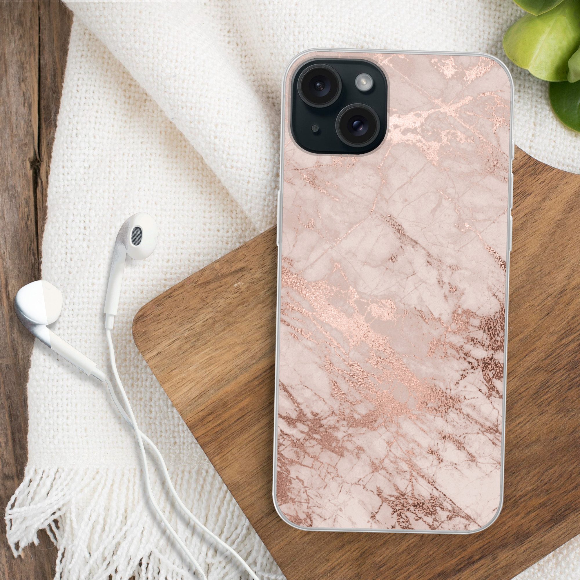 MuchoWow Handyhülle für Apple iPhone 15 Plus Marmor - Rosa - Luxus - Marmoroptik - Glitzer, Smartphone-Bumper, Print, Handy Schutzhülle Dünn