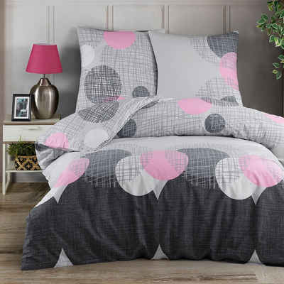 Bettwäsche, Buymax, Renforcé, 3 teilig, Bettbezug-Set 200x200 cm 100% Baumwolle mit Reißverschluss Grau Rosa