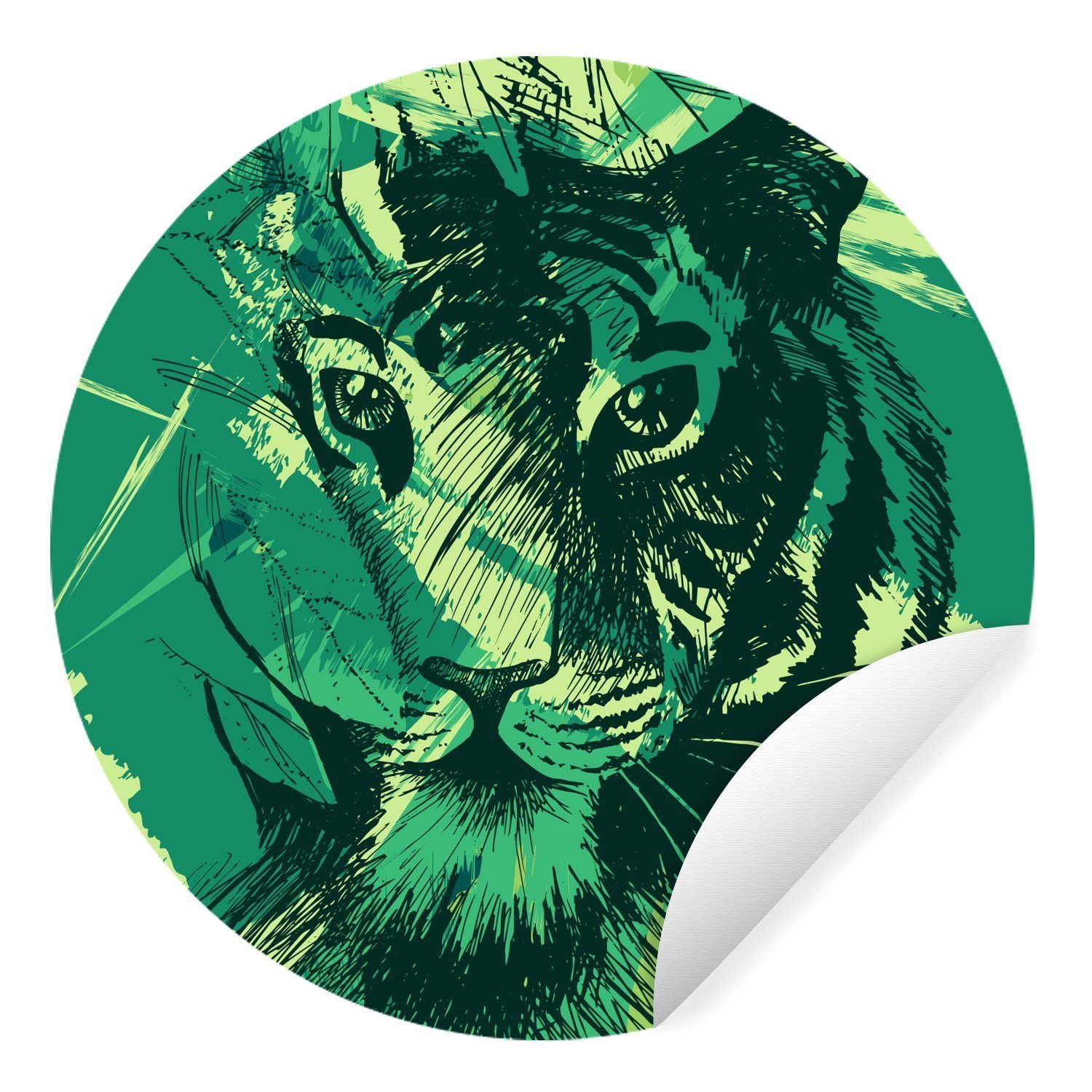 MuchoWow Wandsticker Tiger - Kopf - Grün (1 St), Tapetenkreis für Kinderzimmer, Tapetenaufkleber, Rund, Wohnzimmer