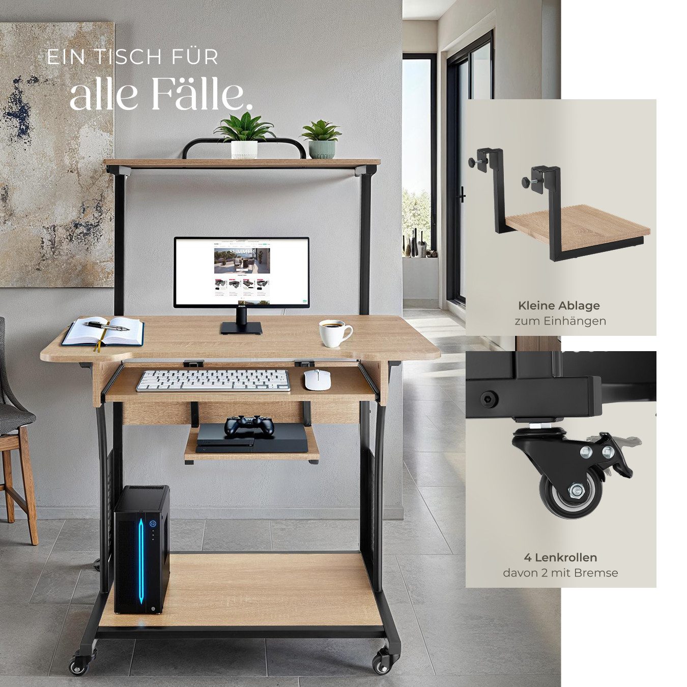 tectake Schreibtisch Bürotisch aus Holz und Stahl, 80 x 65,5 x 130,5 cm (Computertisch Fife, 1-St., in Industrial Holz hell, Eiche Sonoma), 3 Ebenen, einhängbar – Bild 4 von 5