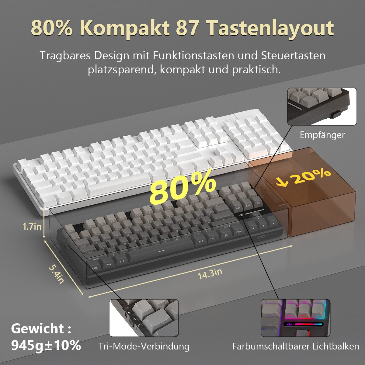 Novzep Gaming Tastatur Kabellose Mechanische Keyboard RGB Rainbow Tri-Modus Gaming-Tastatur (Kompakt 87 Tasten für Mac&Win,5 schallabsorbierende Schichten,PC)