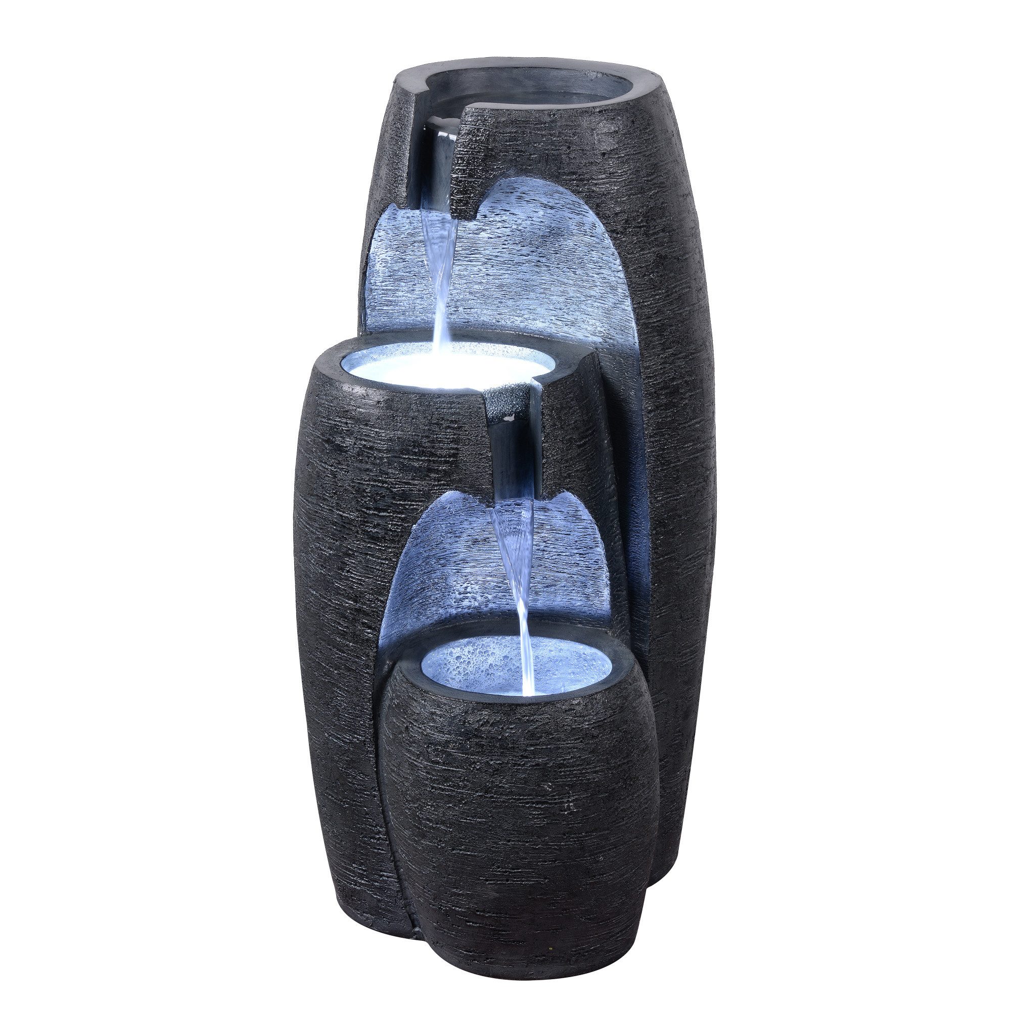 Teamson Home Gartenbrunnen Moderner 3-stufiger Gartenbrunnen mit LED, Schwarz