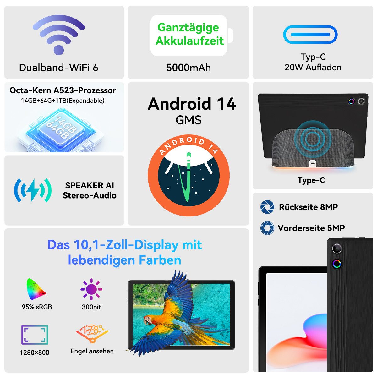 BUFO 10 Zoll Android 14 Tablet mit Ladedock & Lautsprecher, 14(3+11)GB+64GB Tablet (10", 64 GB, Android 14, WiFi 6, BT 5.0)