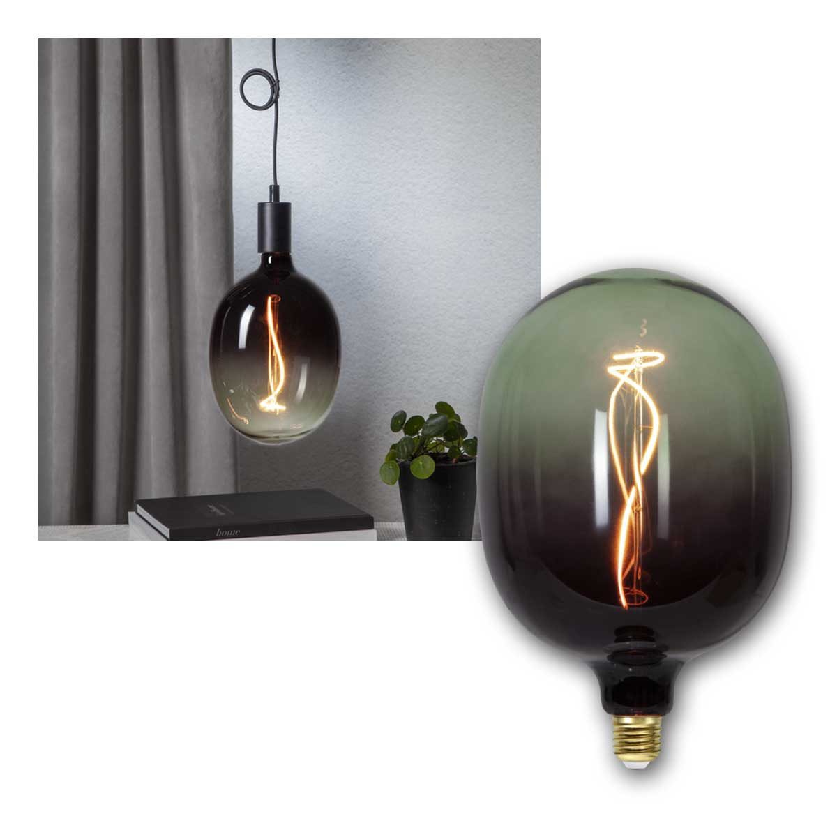 STAR TRADING LED-Leuchtmittel E27 Design Birne COLOUR-MIX grün 270x175mm dimmbar, warmweiß