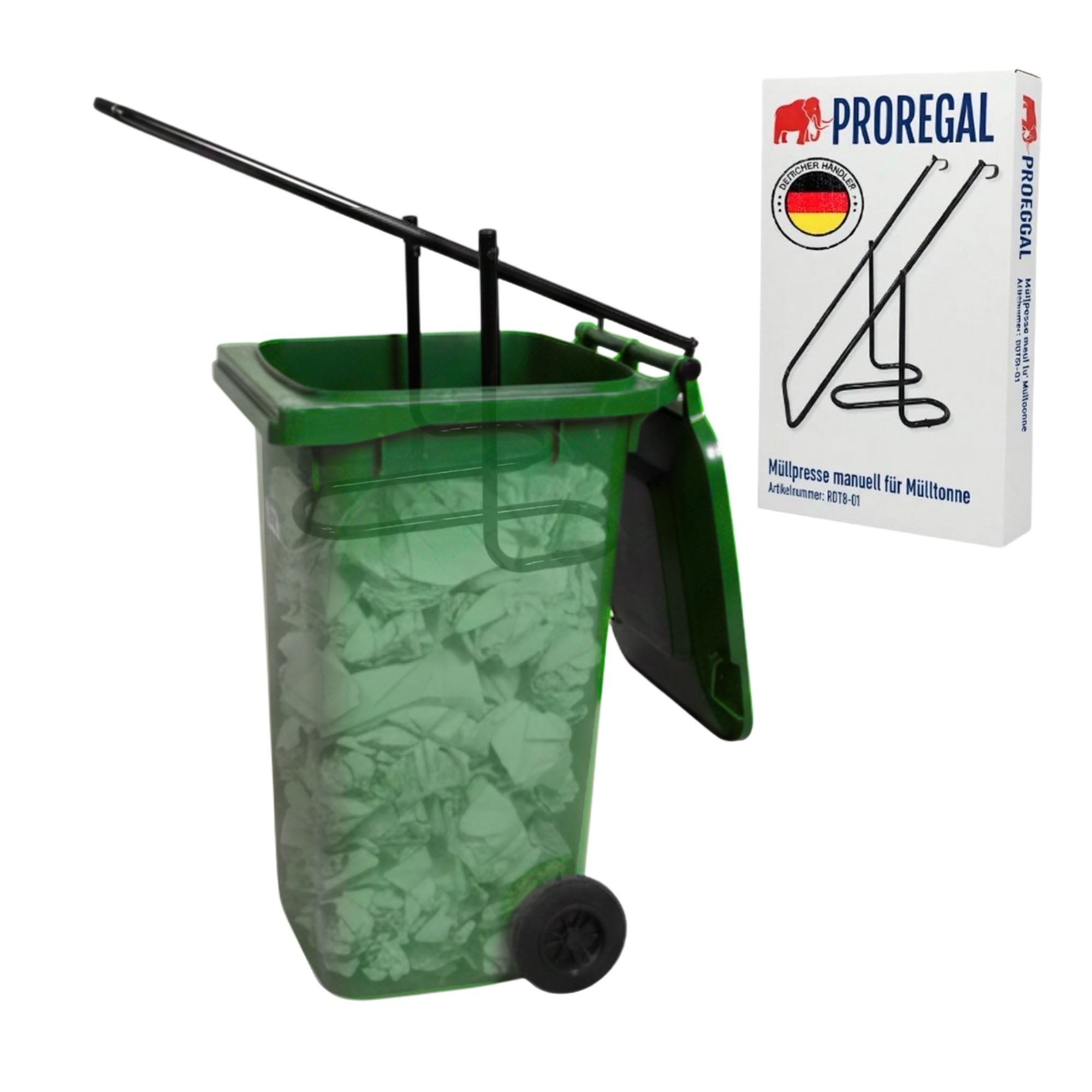 PROREGAL® Hausmüllpresse Pressforce manuell für 60 bis 240L Mülltonne 79x102x39cm Stahl Schwarz, Müllpresse Müllverdichter Abfallpresse für Restmüll & Papier
