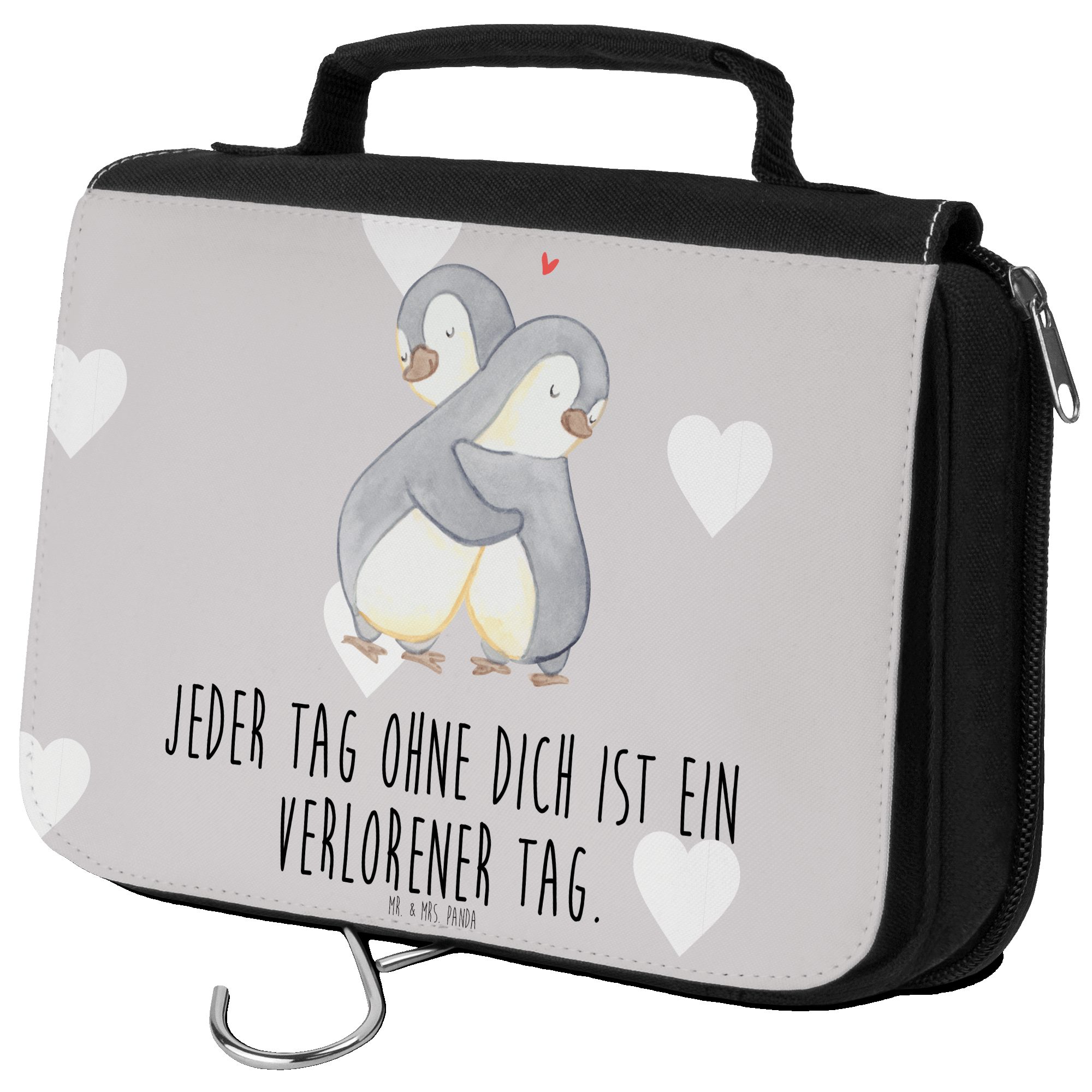 Mr. & Mrs. Panda Kulturbeutel Pinguine Kuscheln - Grau Pastell - Geschenk, Schminktasche, Kosmetikt (1-tlg)