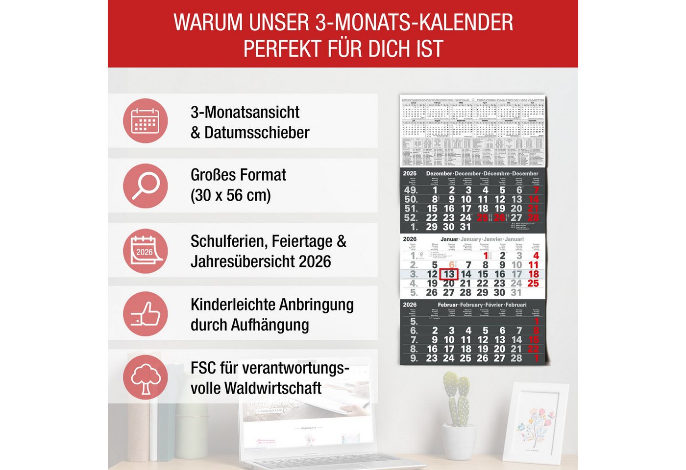 Thumbnail - TOBJA Wandkalender 3 Monatskalender 2026 Wandkalender mit Schieber Anthrazit, Kalender 2026 Wandkalender, gefalzt!