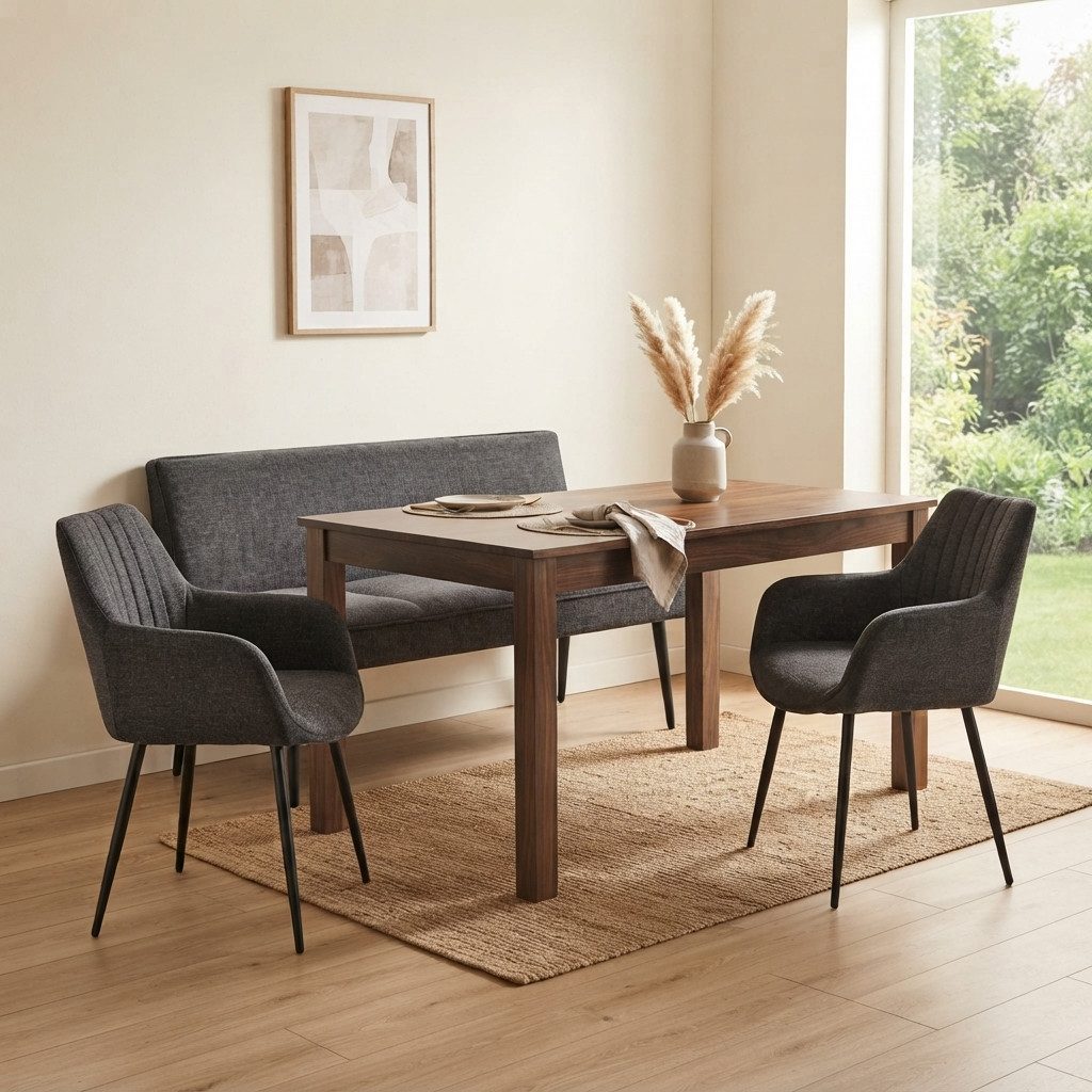 YOZI Essbank Essgruppe mit Sitzbank und 2/4 Stühlen, Dunkelgrau/Beige, Metallbeine (Set, Essbank und Stühle), Frei im Raum stellar – Bild 2 von 5