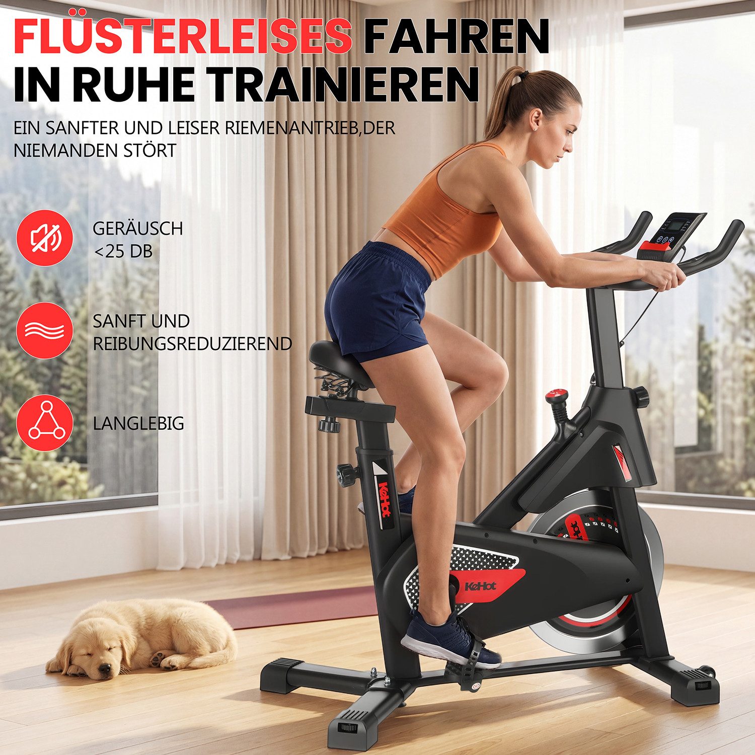 kehot Heimtrainer Heimtrainer Fahrrad für Zuhause mit App & leisem Indoor Cycling (Stufenloser Widerstand für Ausdauer-, Cardio- und Intervalltraining, Ergonomischer Komfortsattel und 6-kg-Schwungrad für flüssiges Fahren), Kinomap- und Zwift-kompatibel für motivierende Trainingseinheiten