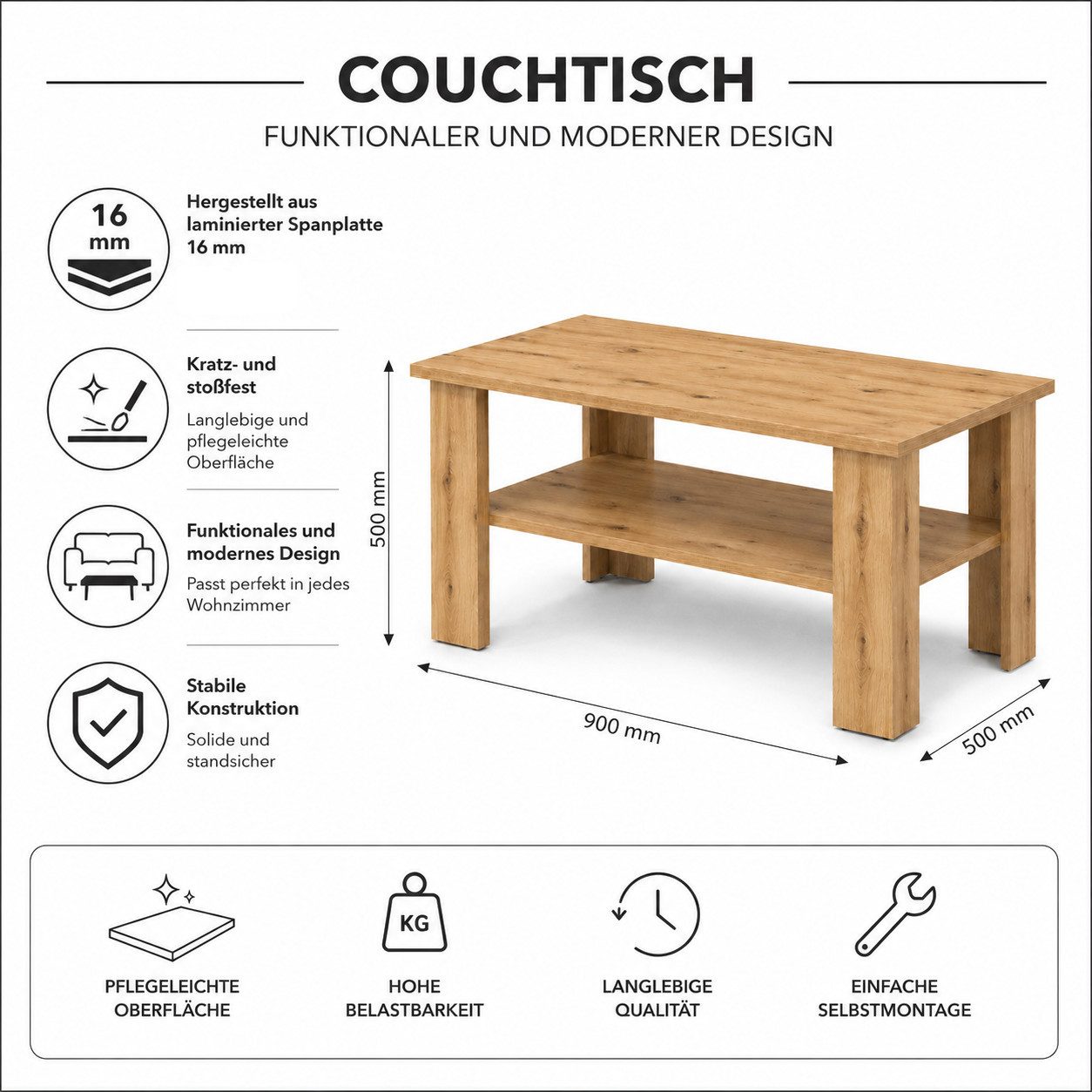 OTTO home Couchtisch CT 2 Wohnzimmertisch, Sofatisch, Beistelltisch, Kaffeetisch, Mit Ablage, quadratisch/rechteckig, weiß Hochglanz oder Artisan-Dekor – Bild 3 von 5