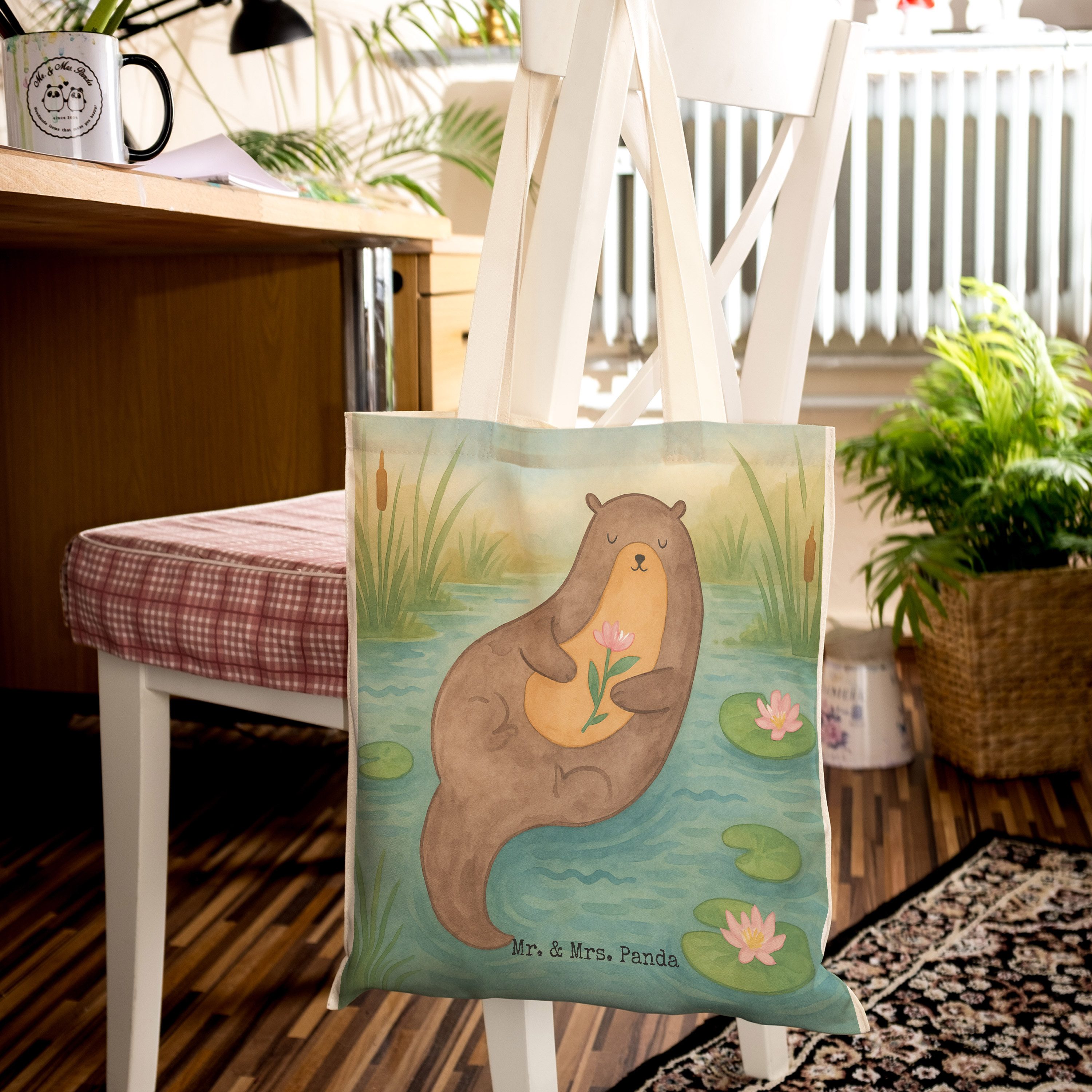Mr. & Mrs. Panda Tragetasche Otter Seerose Design, Tote Bag, Weiß, Beuteltasche, glücklich, Wasser (Packung), Stofftragetasche Tragetasche Mit Spruch markttasche
