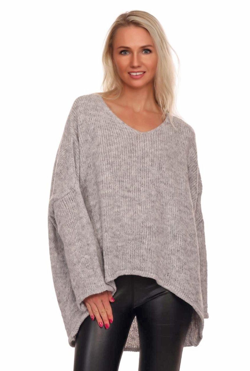 Oversized Look Moda hinten im V-​Ausschnitt Strickpullover Charis vorne kurz lang Hellgrau