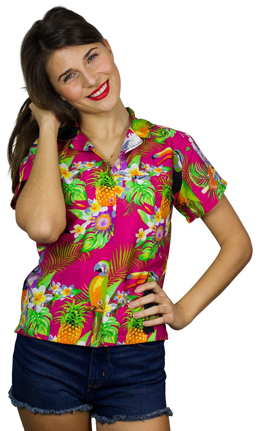 King Kameha Hawaiihemd Parrot Cockatoo Funky Hawaiibluse Damen Kurzarm Front-Tasche Stylish