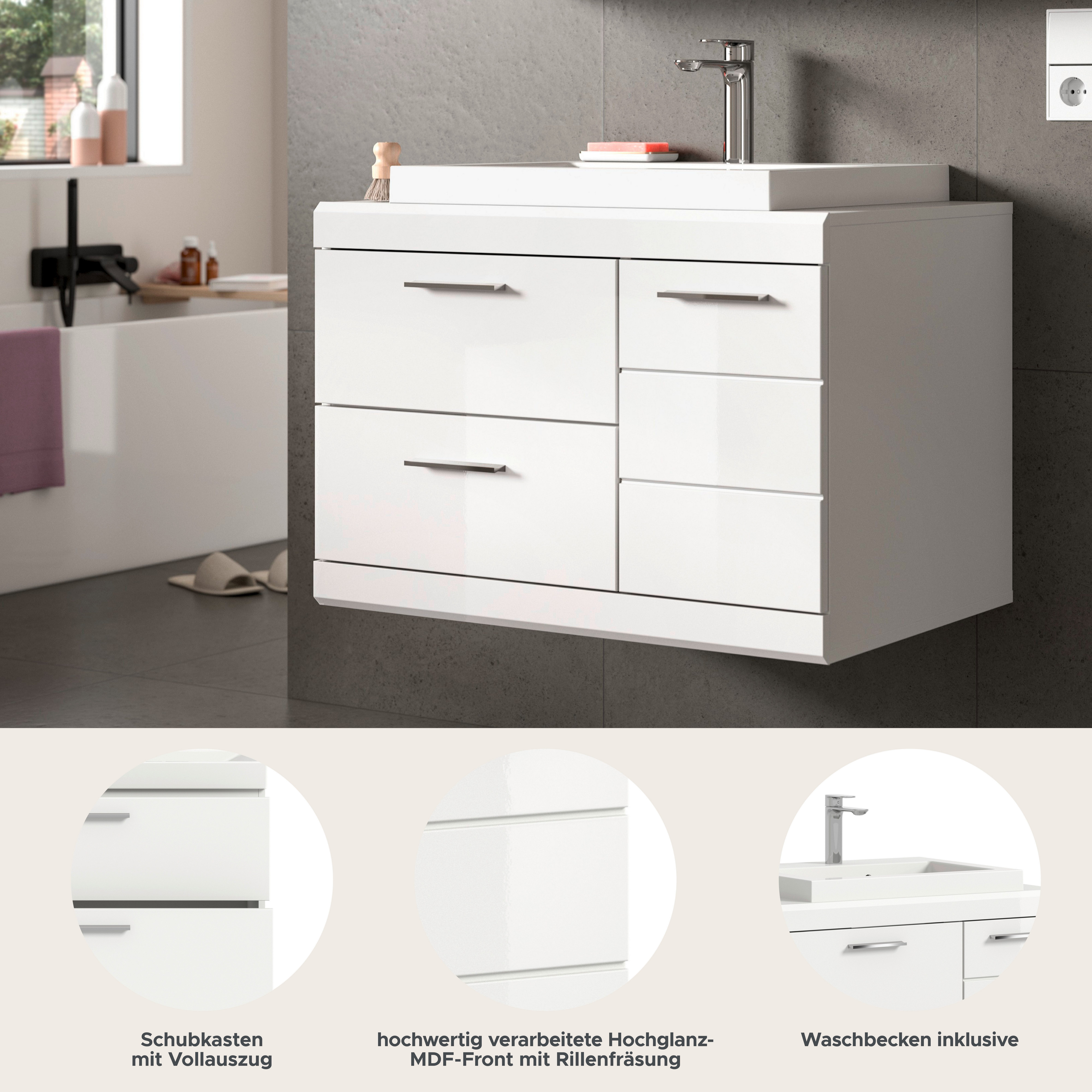 welltime Waschtisch SIENA, hängend, inkl. Aufsatzwaschbecken, Breite 80 cm, MDF-Front (TOPSELLER!, 1 Tür, 1 Schubkasten, 1 Klappe, 1 Einlegeboden, 3 Fächer), WBU, Badmöbel, Badschrank, Kommode, Unterschrank, Bad, Hängeschrank
