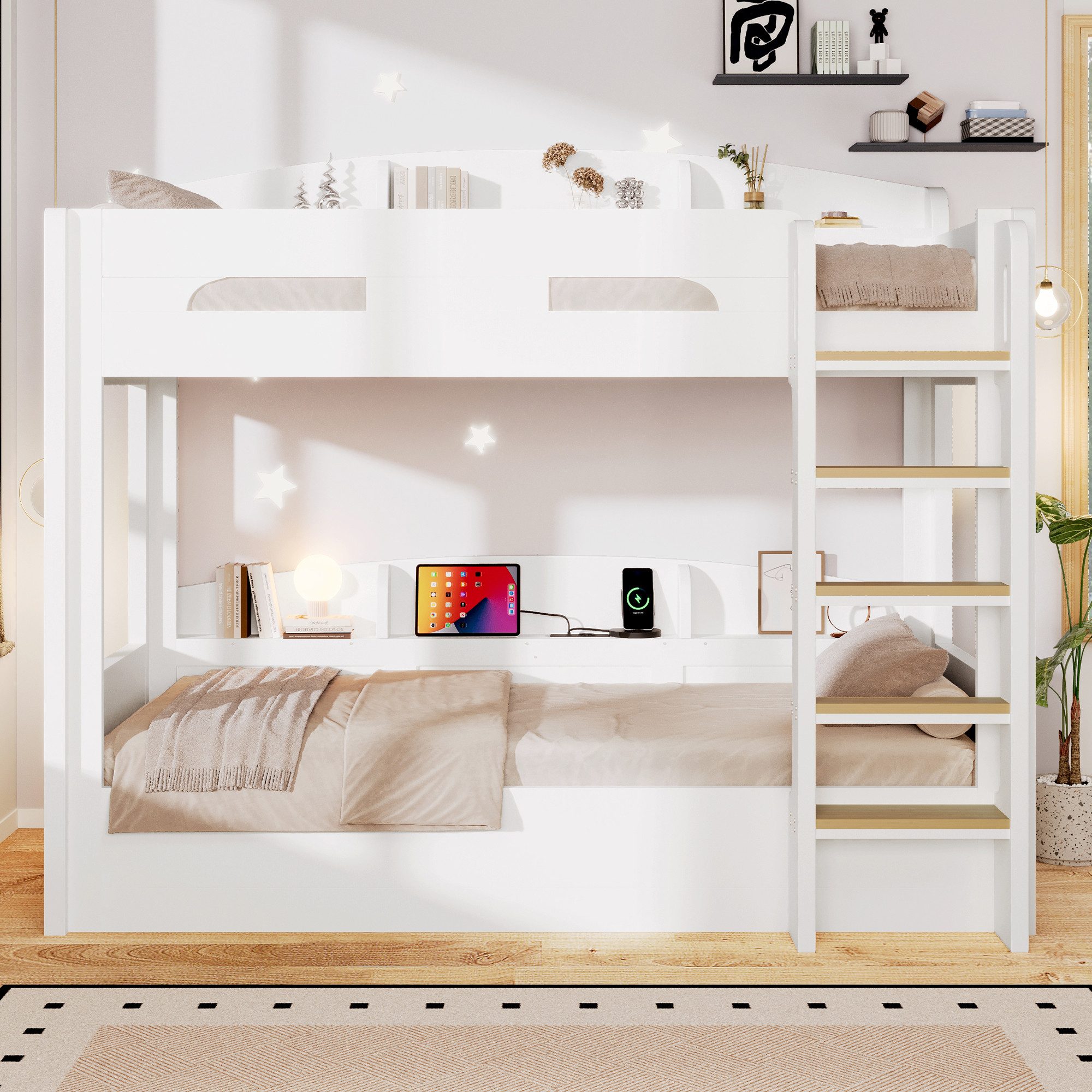Merax Etagenbett 90x200cm mit Unterbett und USB-Steckdose (Stockbett Jugendbett Doppelbett, 1-St), Kiefer Kinderbett mit Ablagefächern, Leiter & Sicherheitszaun – Bild 3 von 5