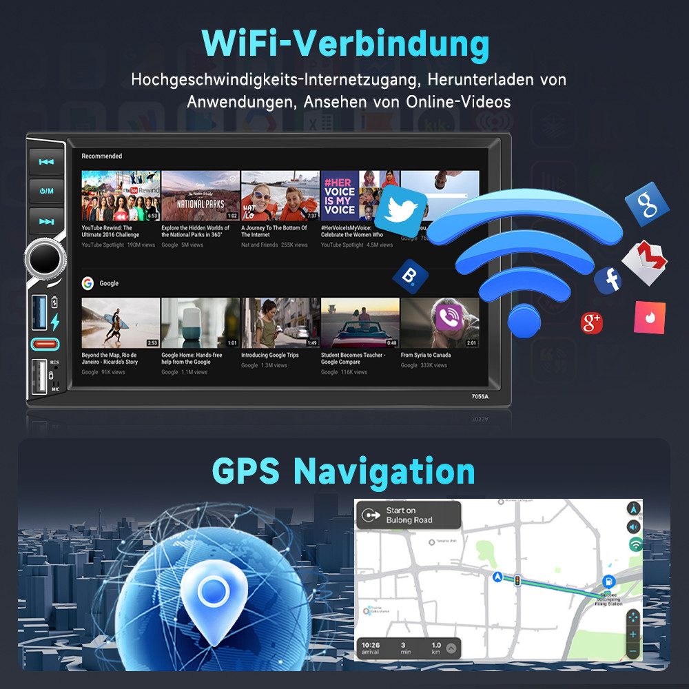 Hikity 7" 2-DIN Autoradio Bluetooth, CarPlay, USB, Rückfahrkamera Universal Autoradio (Digitalradio (DAB), 4GB+64GB/6GB+128GB)