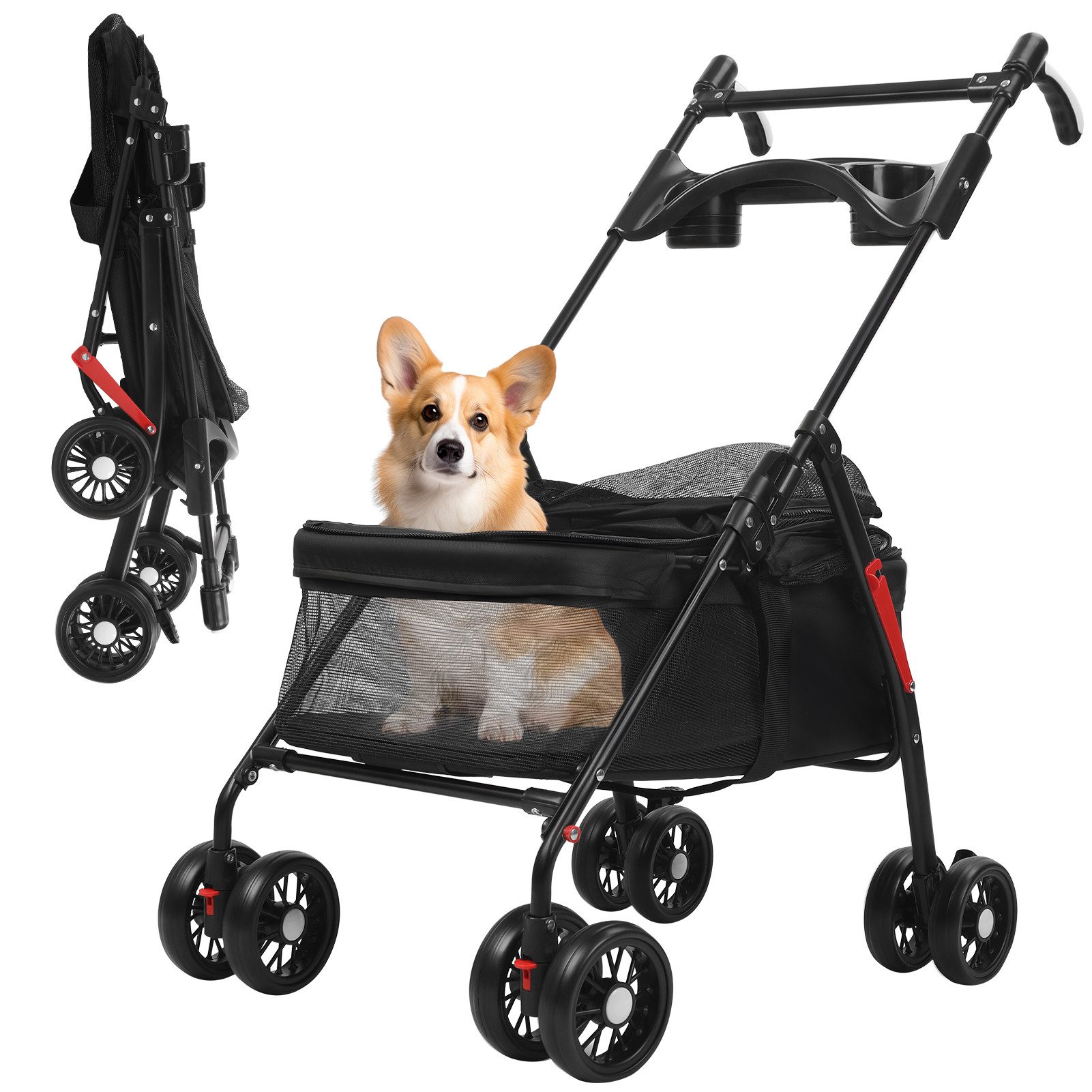 Rutaqian Hundebuggy Hundewagen für Hunde und Katzen, Faltbarer Hundebuggy mit Sonnenschutz, Hundebuggy 10kg Tragkraft, 98x69x49 cm