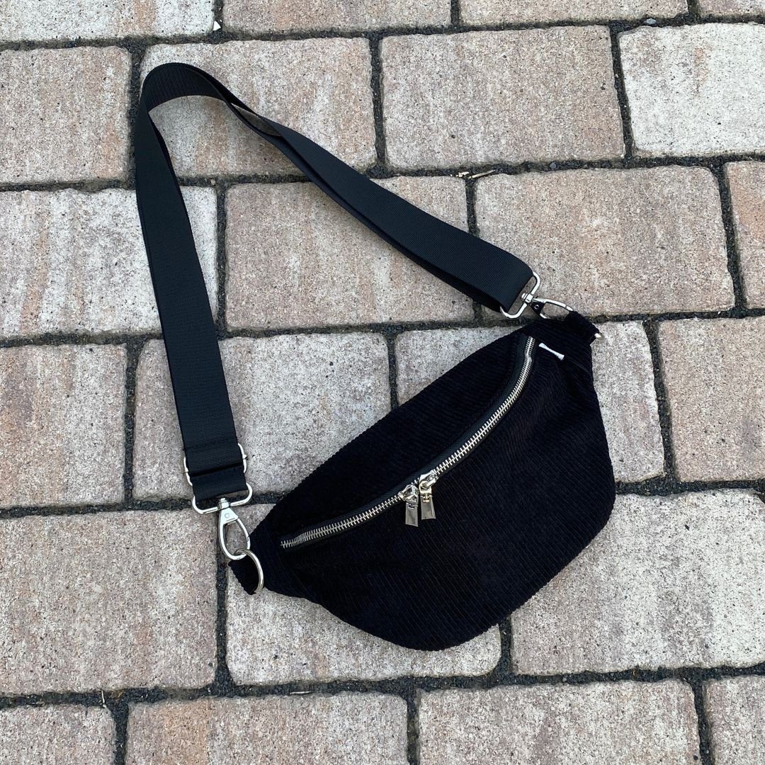 MAONI Bauchtasche Cord Schwarz mit zwei Gurten, Taschengurt austauschbar