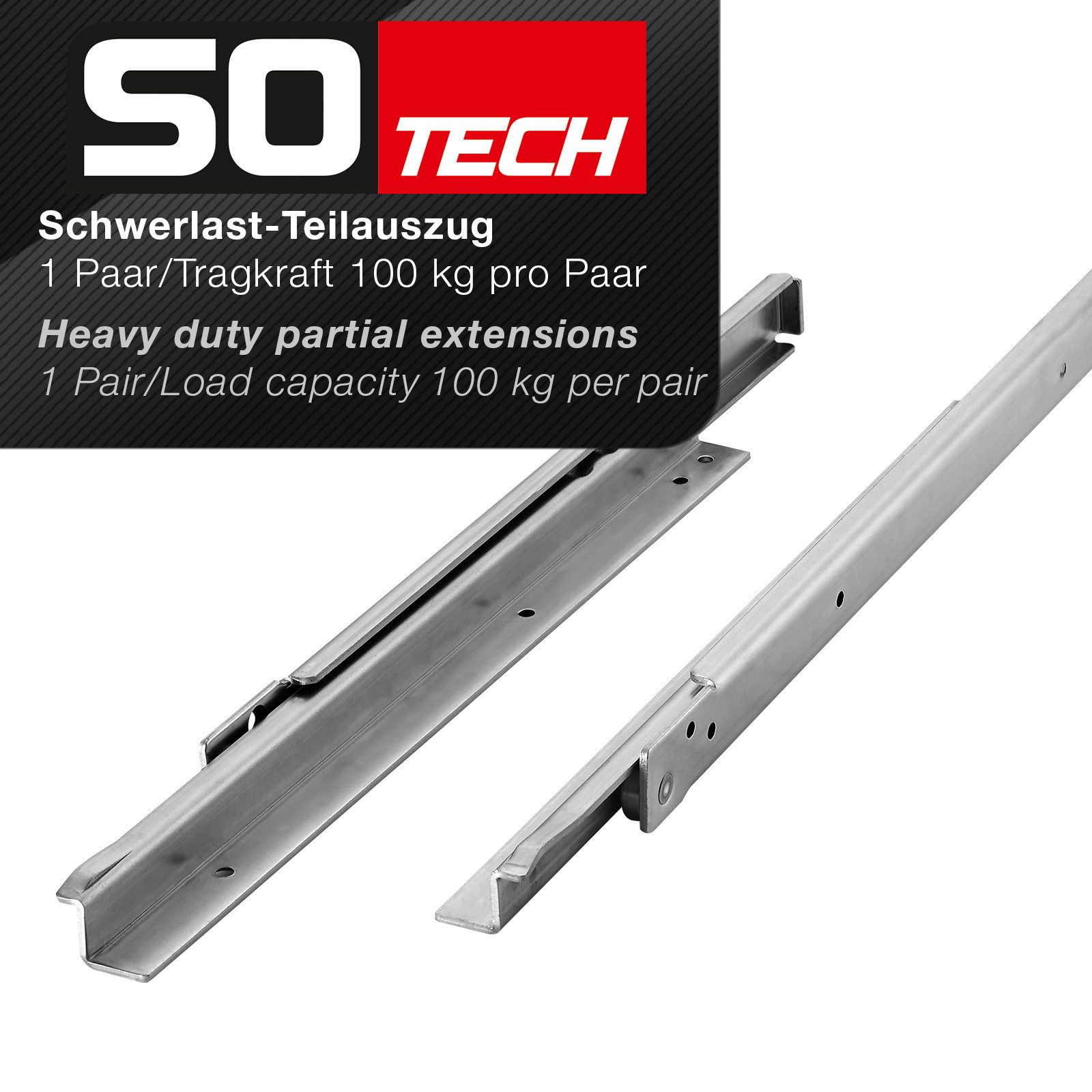 SO-TECH® Auszug Schubkastenauszug Schwerlast Rollenführung Teilauszug Stahl (1 St), Nennlänge 500 mm, Tragkraft 100 kg, aufliegende Montage