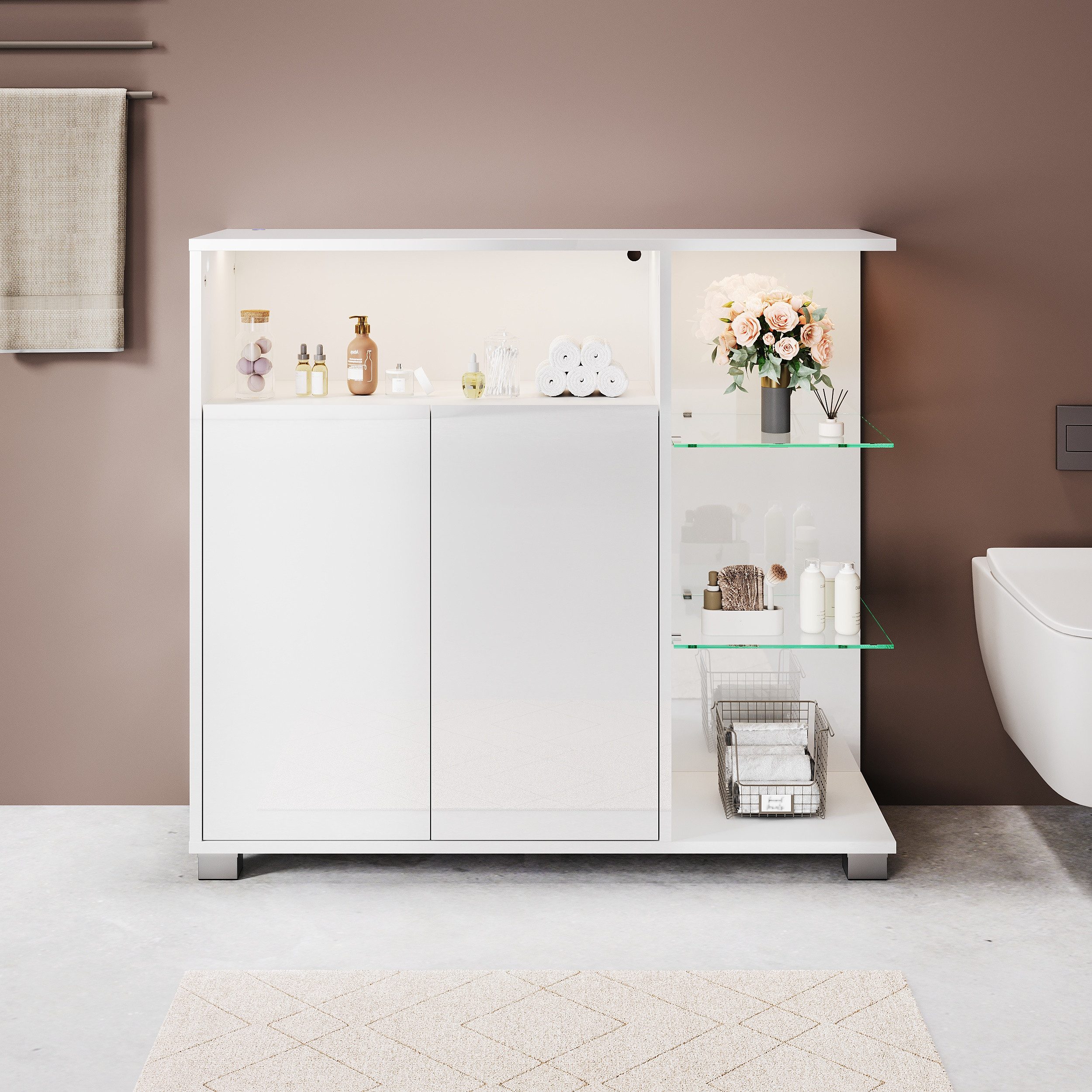 SONNI Kommode Badkommode Badezimmerschrank Höhe: 82cm mit Licht, mit 2 Türen, hochglänzende UV-Oberfläche, mit LED-Touchleuchte